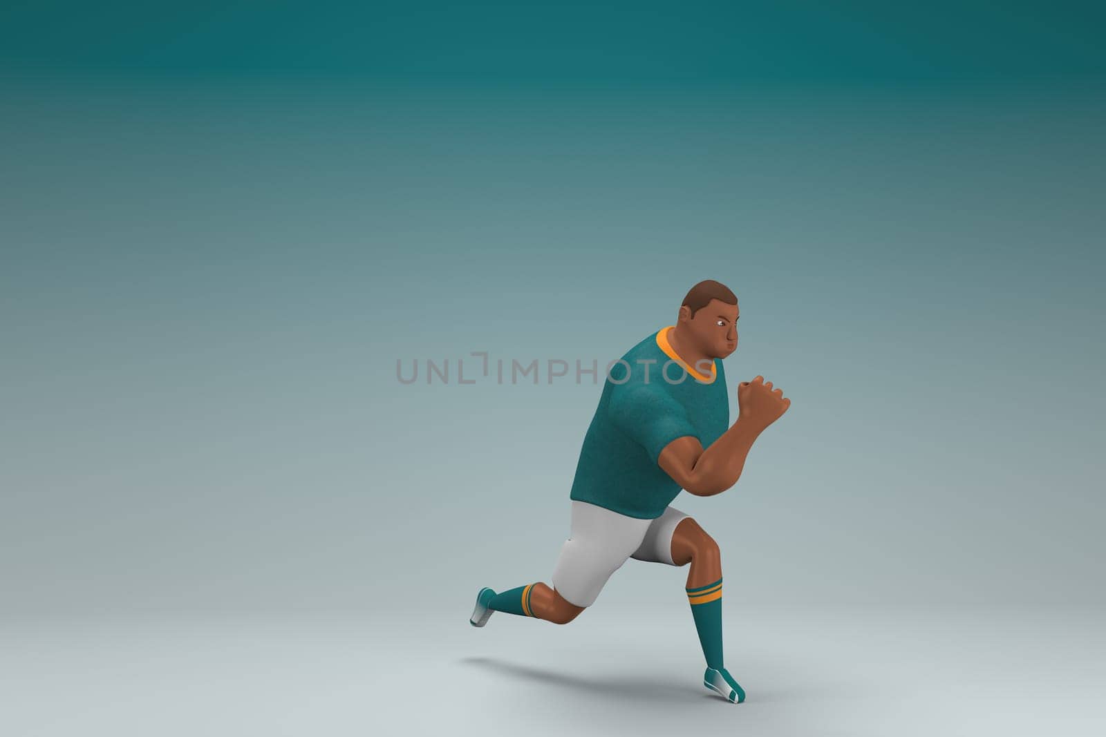 An athlete wearing a green shirt and white pants is runing. 3d rendering of cartoon character in acting.