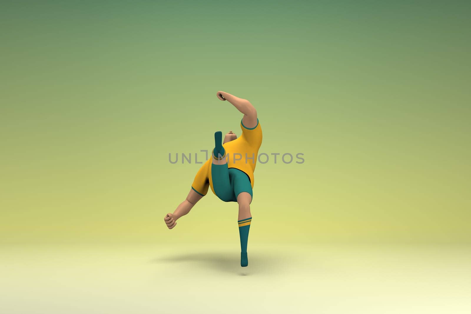 An athlete wearing a yellow shirt and green pants. He is falling down. 3d rendering of cartoon character in acting.