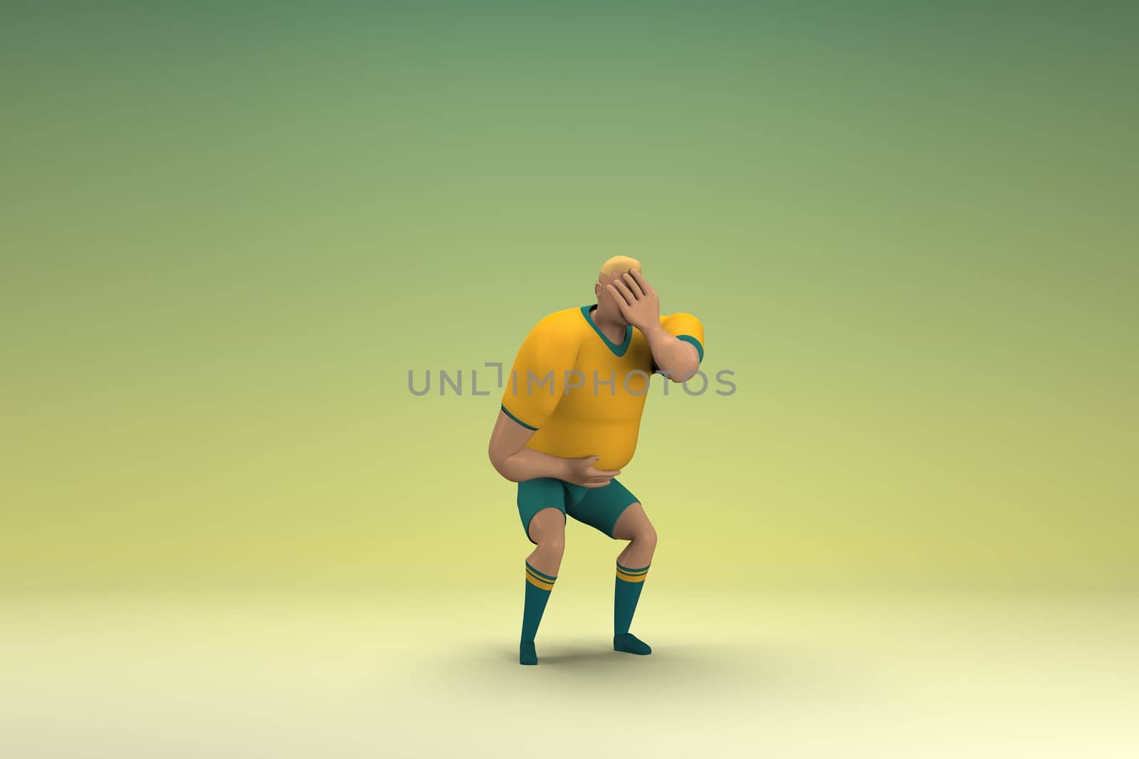 An athlete wearing a yellow shirt and green pants. He is sad or in pain. 3d rendering of cartoon character in acting.