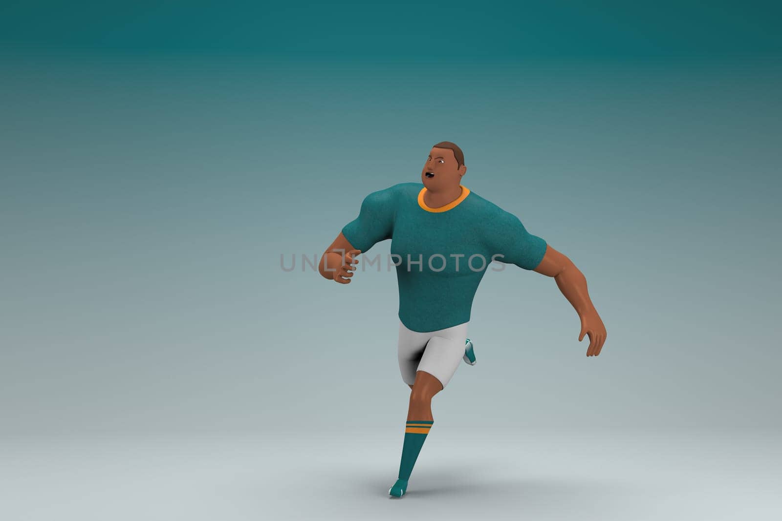 An athlete wearing a green shirt and white pants is runing. 3d rendering of cartoon character in acting.