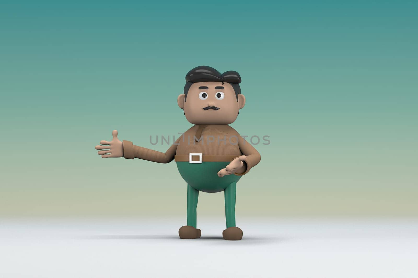 The man  with mustache wearing a brown long shirt green pants.  He is expression  of body and hand when talking.  3d illustrator of cartoon character in acting.