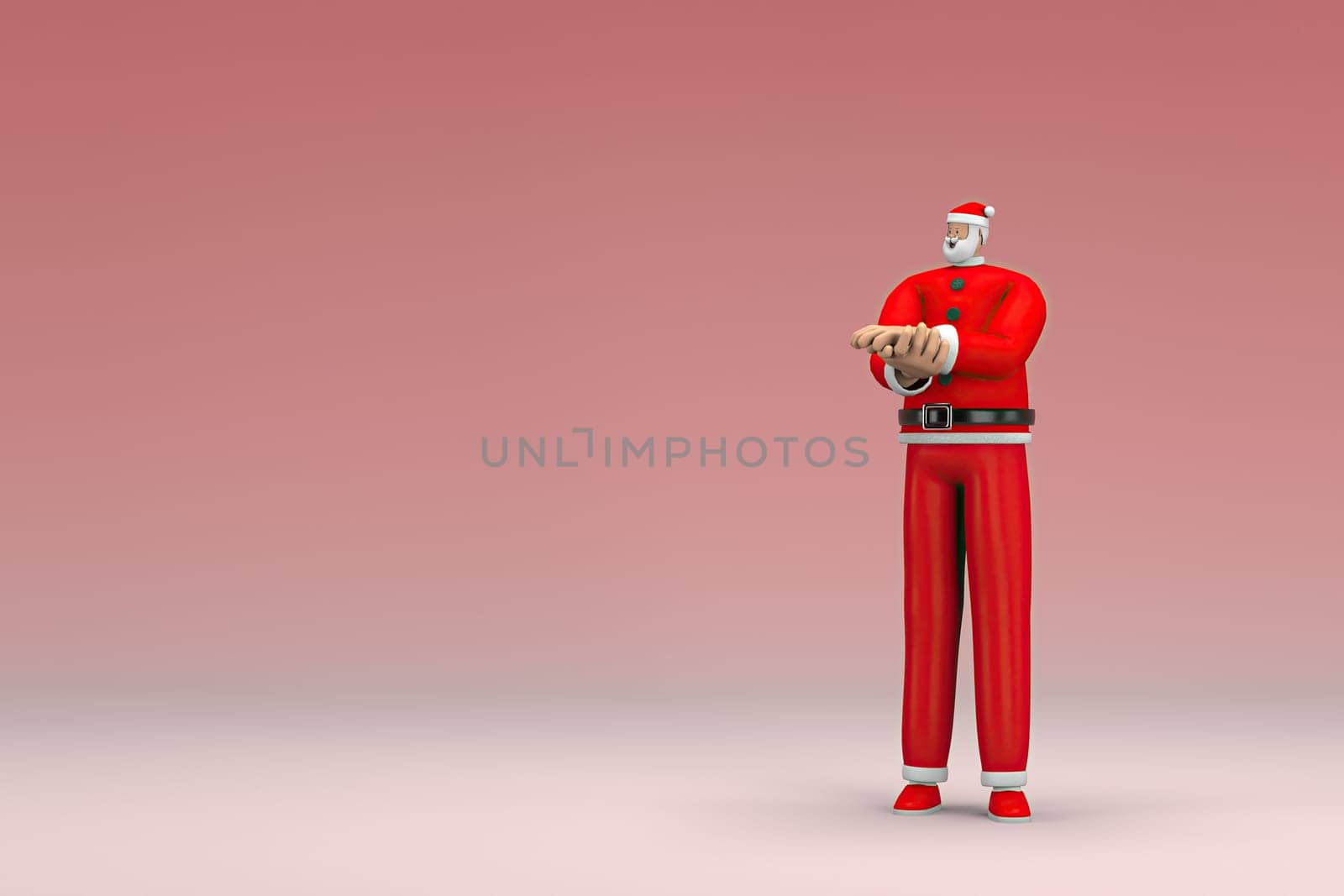 A man wearing Santa Claus costume. He is expression of hand when talking. 3d rendering of cartoon character in acting.