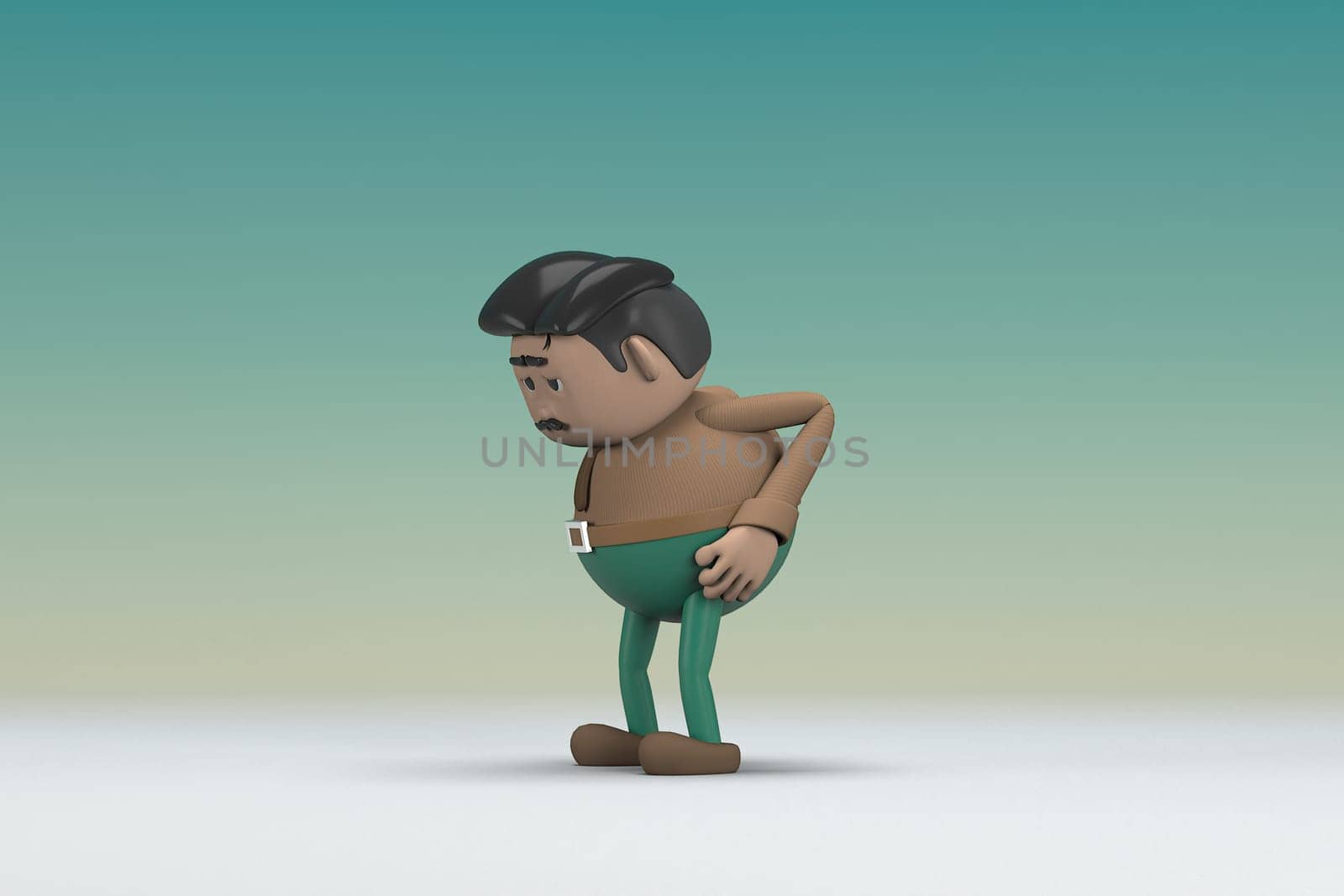 The man  with mustache wearing a brown long sleeve shirt green pants.  He is sad or in pain. 3d illustrator of cartoon character in acting.