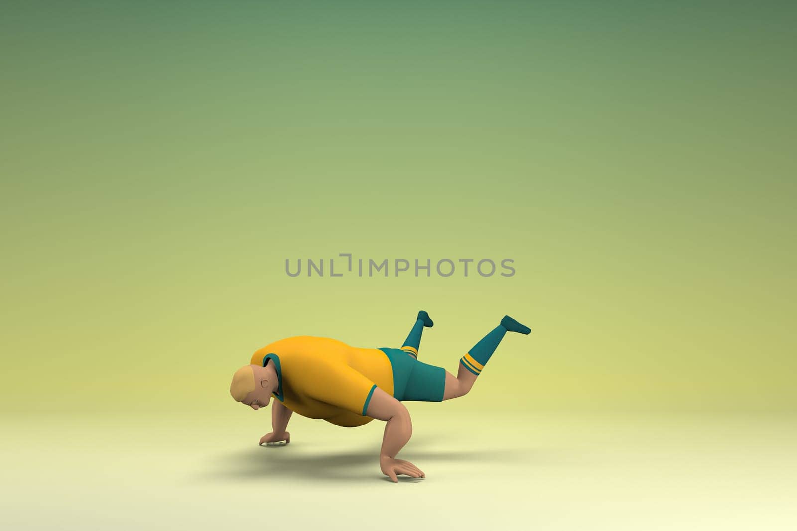 An athlete wearing a yellow shirt and green pants. He is doing exercise. 3d rendering of cartoon character in acting.
