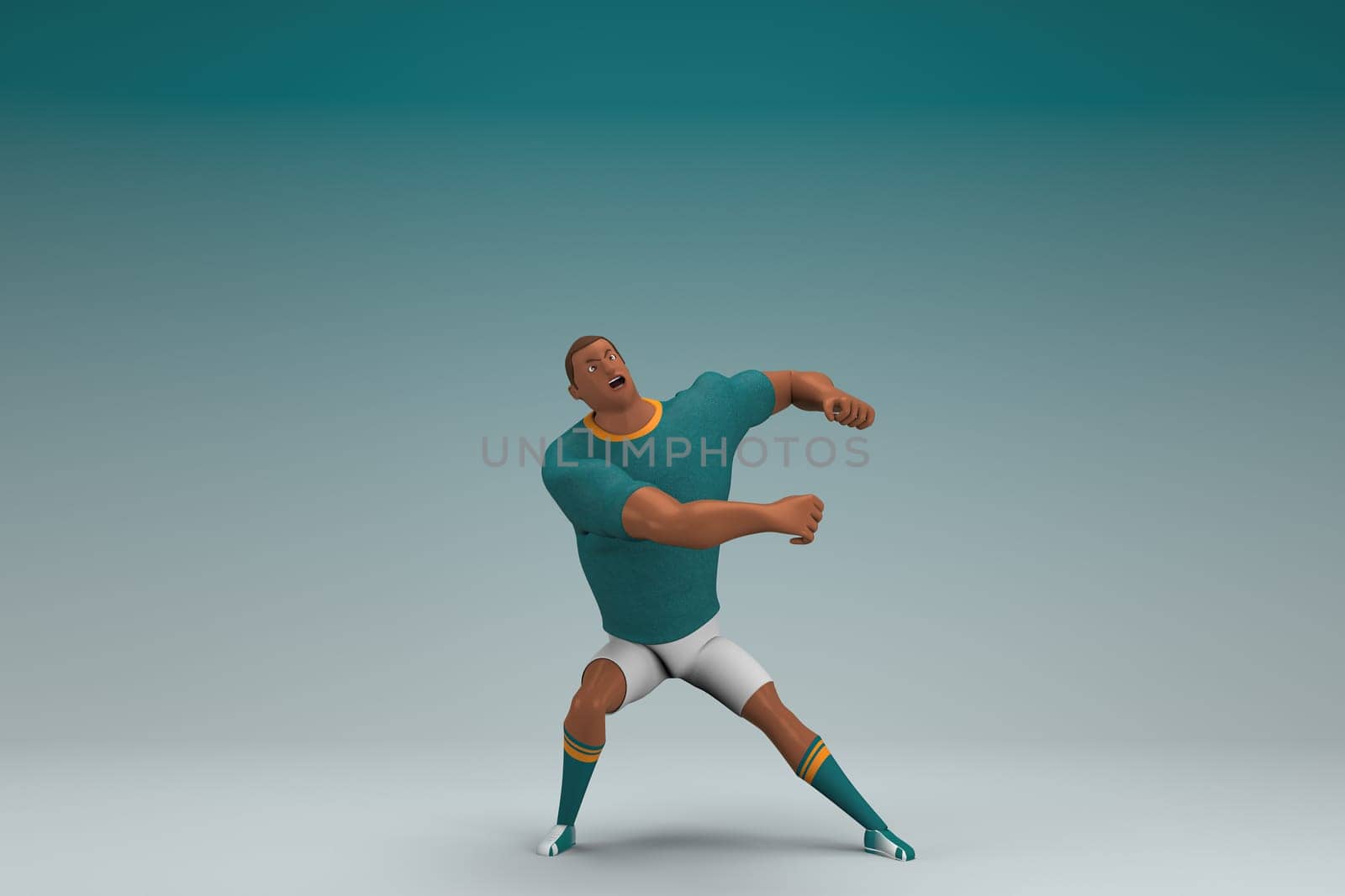 An athlete wearing a green shirt and white pants. He is pulling or pushing something. 3d rendering of cartoon character in acting.
