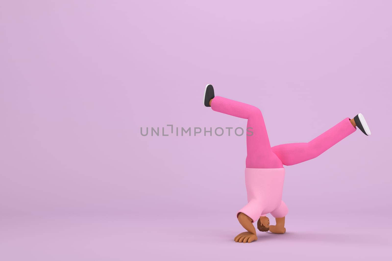 The black man with pink clothes.   He is doing exercise.  3d illustrator of cartoon character in acting.