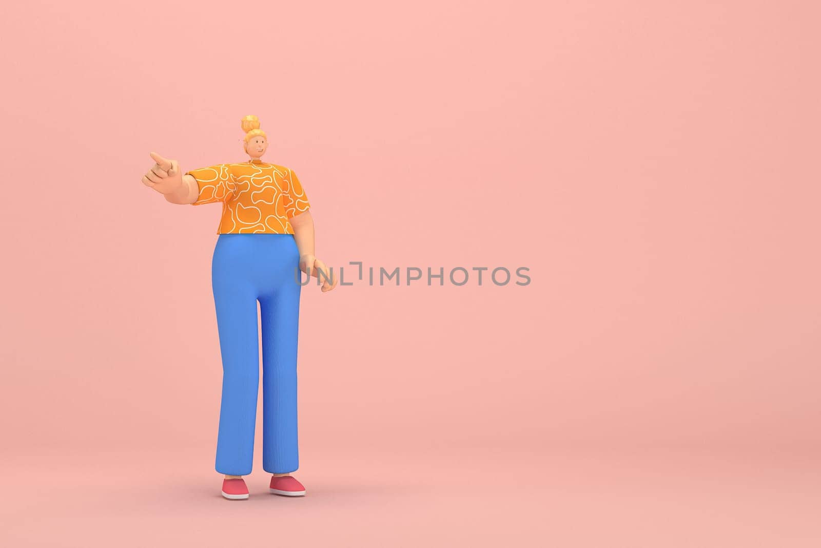 The woman with golden hair tied in a bun wearing blue corduroy pants andOrange T-shirt with white stripes.  She is expression  of hand when talking. 3d illustrator of cartoon character in acting.