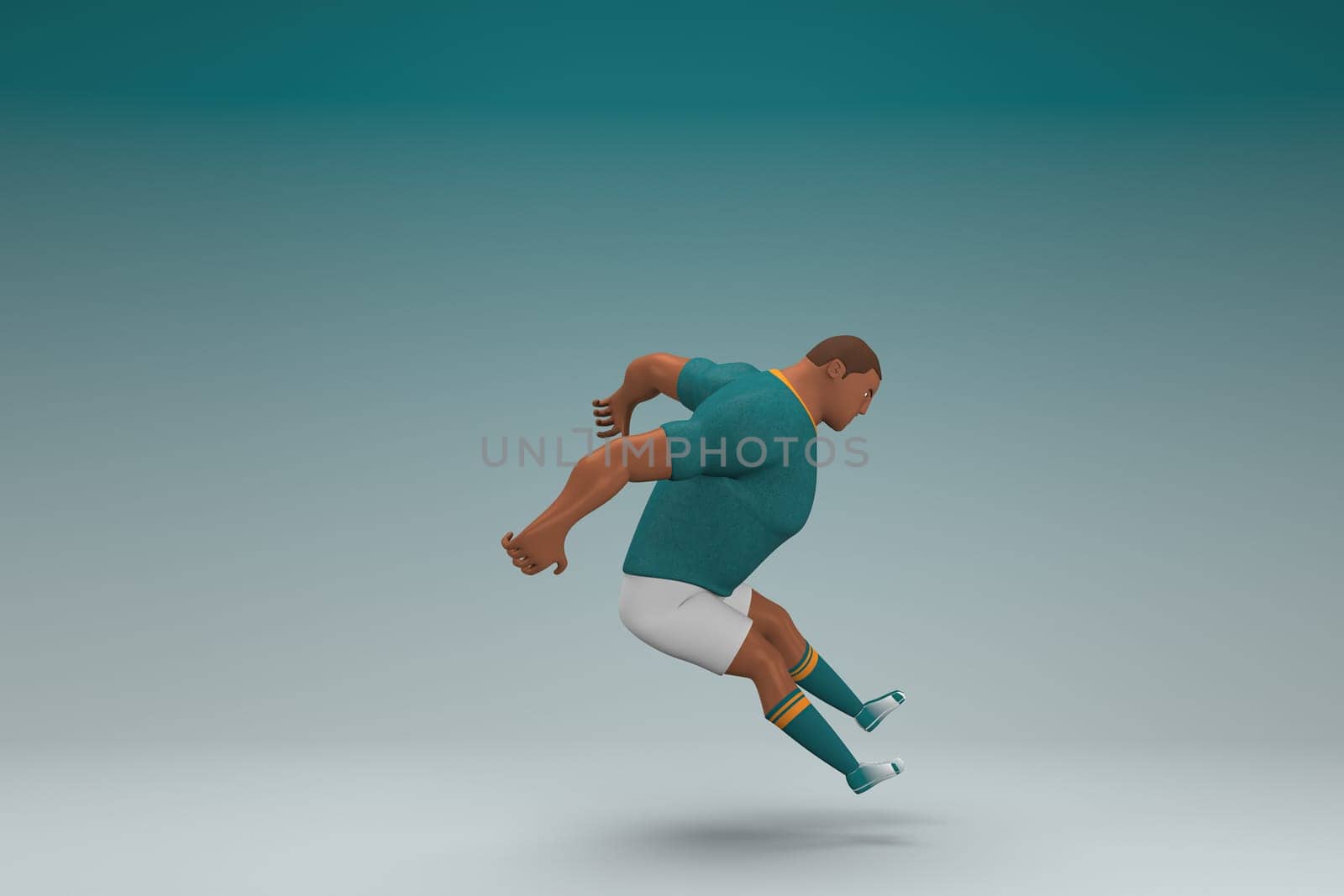 An athlete wearing a green shirt and white pants is jumping. 3d rendering of cartoon character in acting.