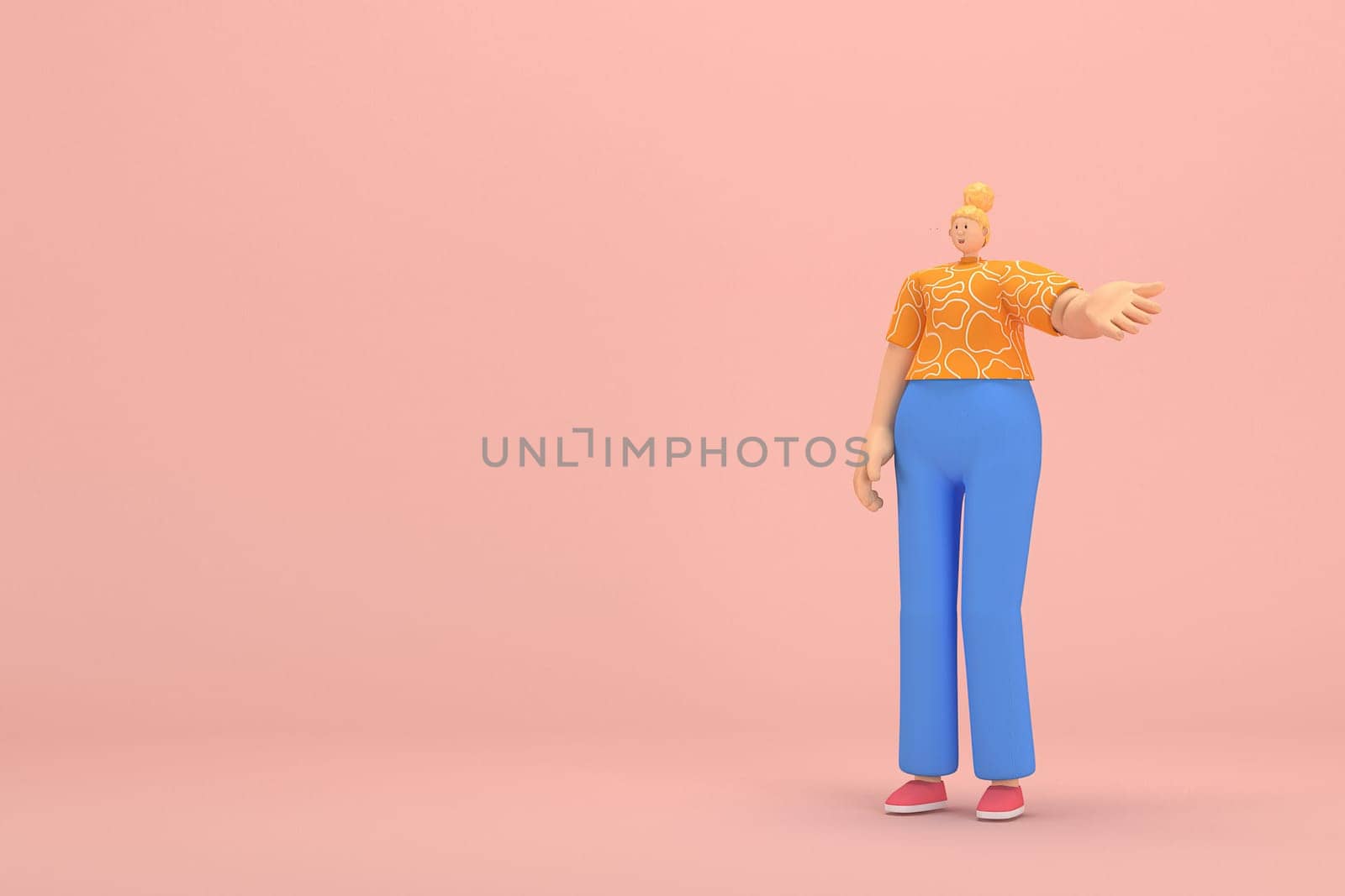 The woman with golden hair tied in a bun wearing blue corduroy pants and Orange T-shirt with white stripes.  She is expression  of hand when talking. 3d rendering of cartoon character in acting.