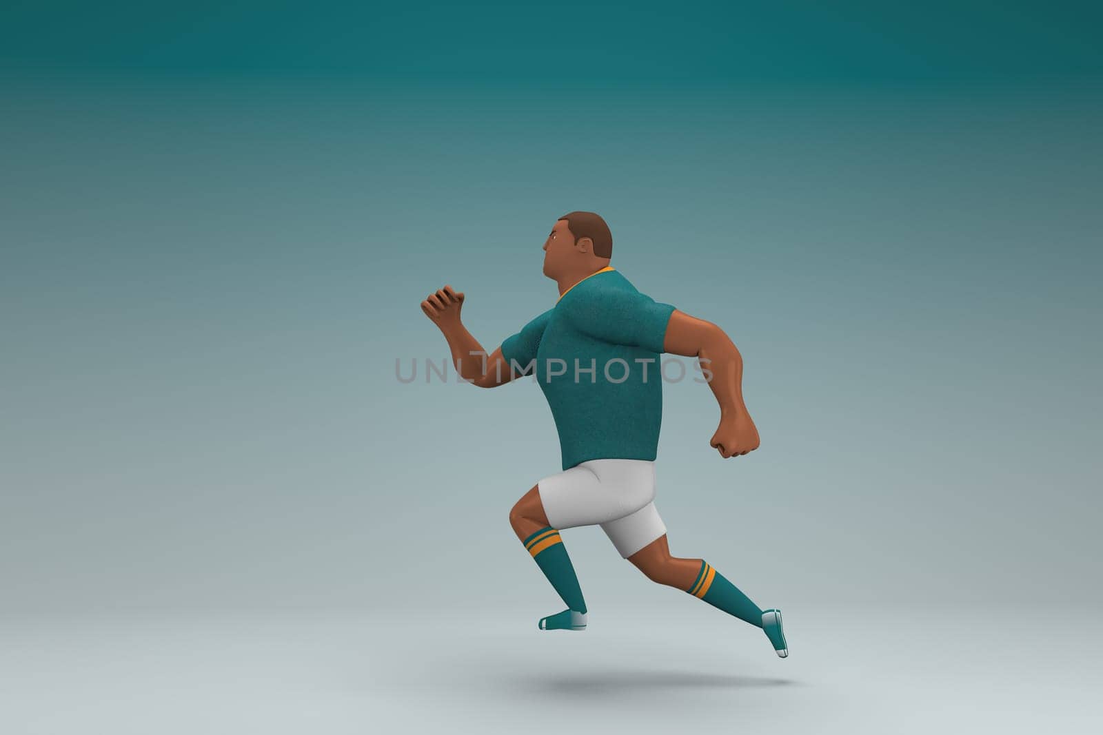 An athlete wearing a green shirt and white pants is runing. 3d rendering of cartoon character in acting.
