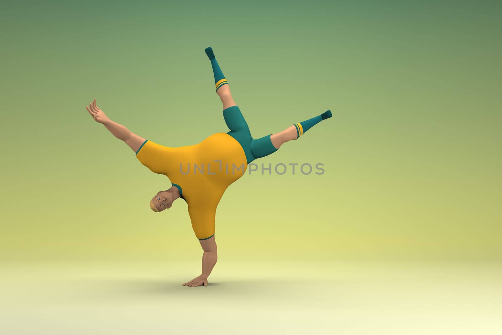 An athlete wearing a yellow shirt and green pants. He is doing exercise. 3d rendering of cartoon character in acting.