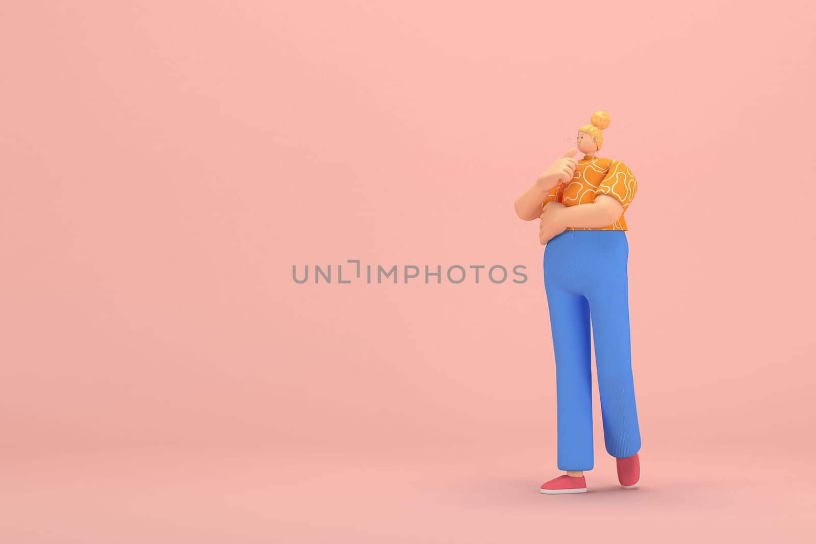 The woman with golden hair tied in a bun wearing blue corduroy pants and Orange T-shirt with white stripes.  She is expression  of hand when talking. 3d rendering of cartoon character in acting.