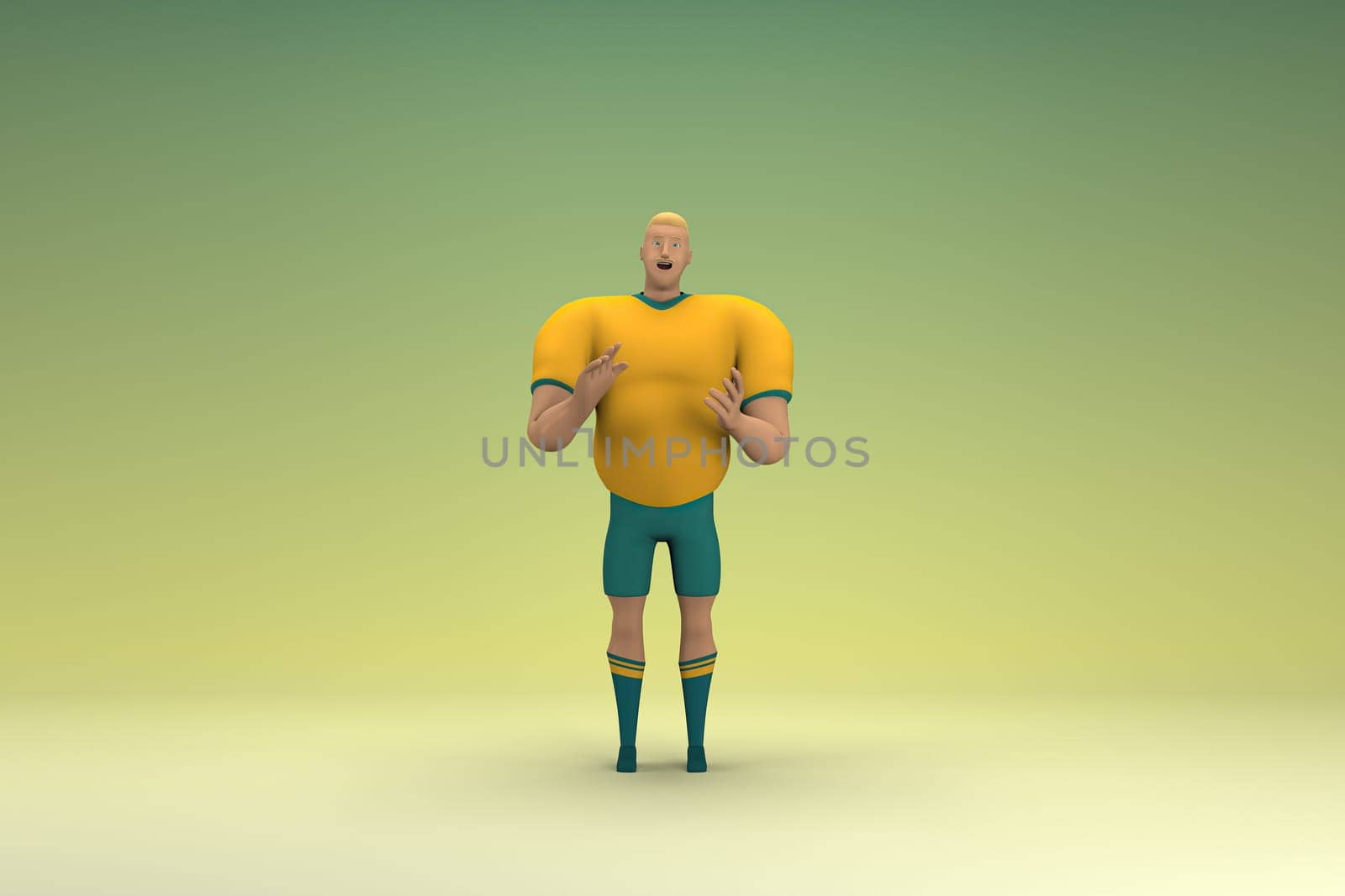 An athlete wearing a yellow shirt and green pants is expression of hand when talking. 3d rendering of cartoon character in acting.