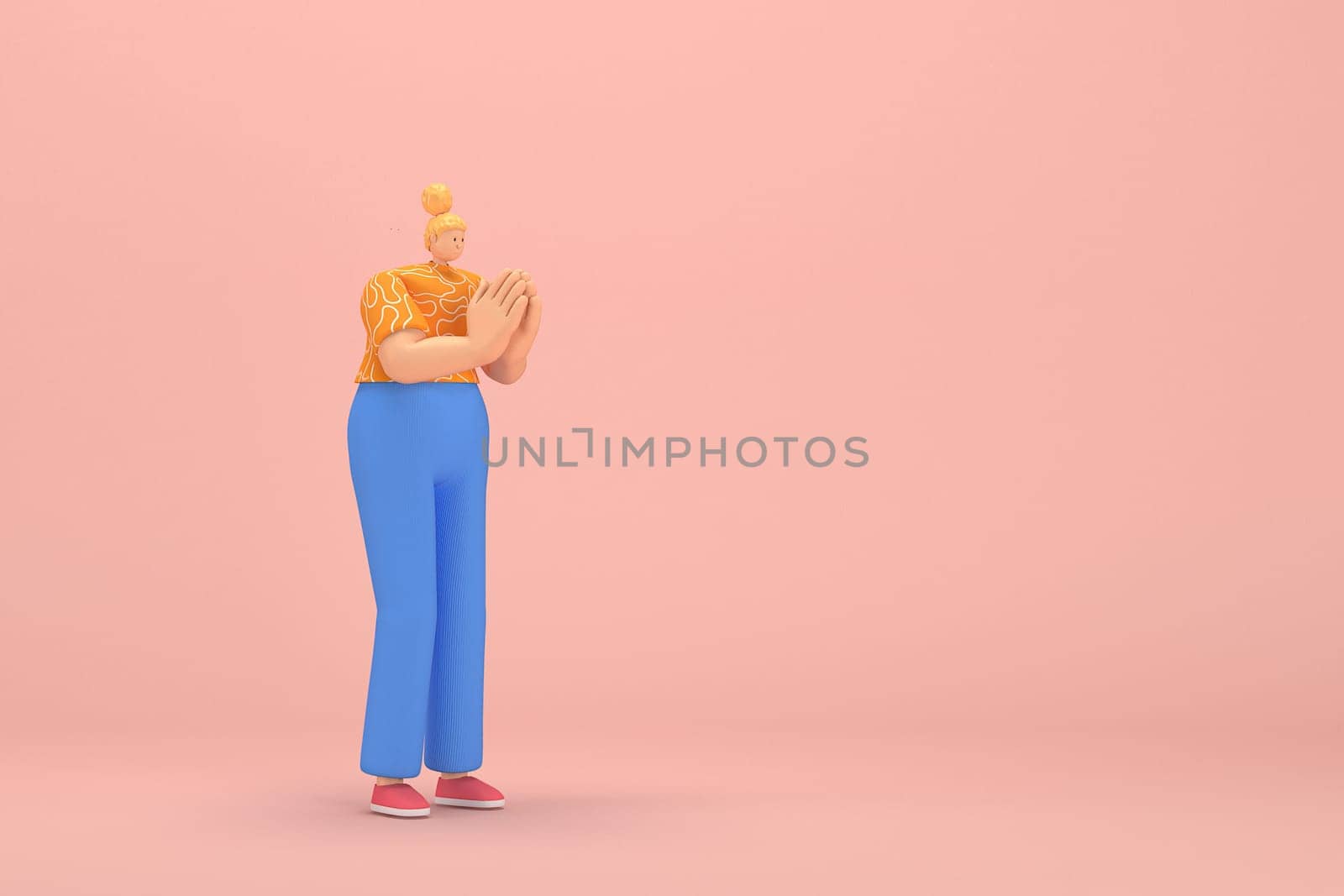 The woman with golden hair tied in a bun wearing blue corduroy pants andOrange T-shirt with white stripes.  She is expression  of hand when talking. 3d illustrator of cartoon character in acting.