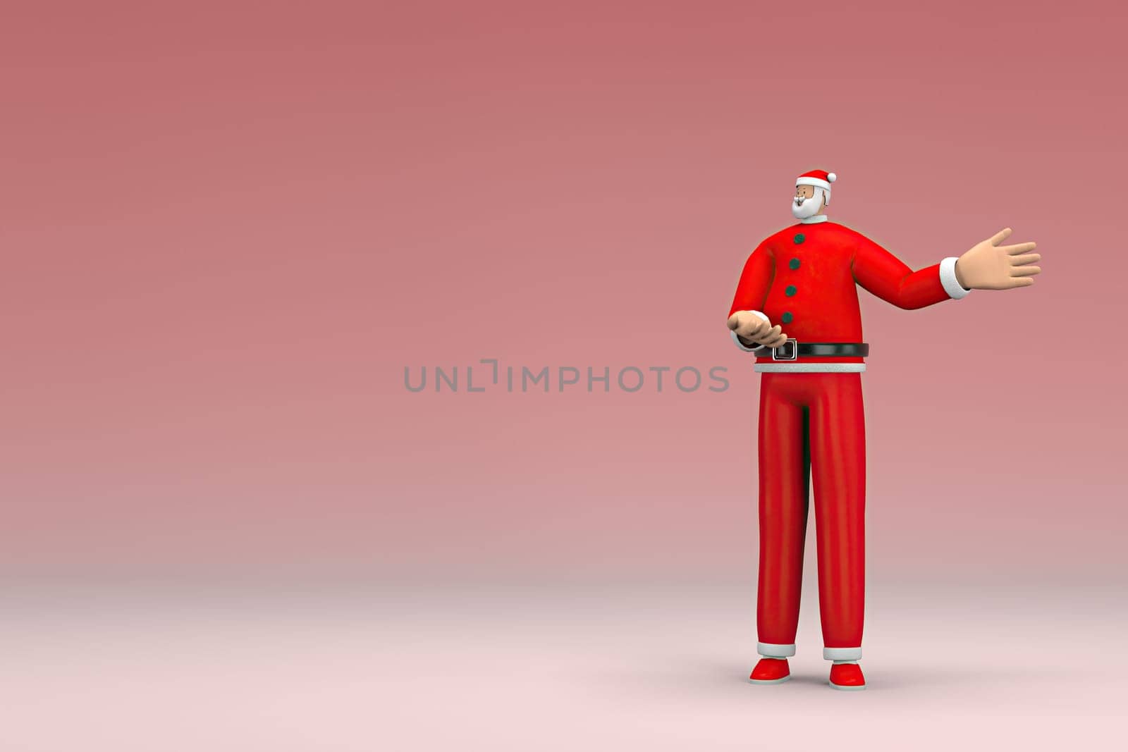 A man wearing Santa Claus costume. He is expression of hand when talking. 3d rendering of cartoon character in acting.