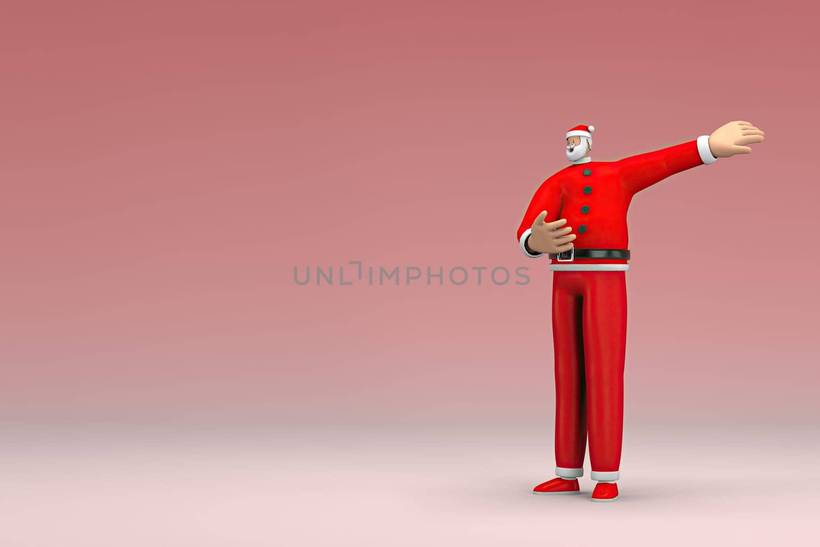 A man wearing Santa Claus costume. He is expression of hand when talking. 3d rendering of cartoon character in acting.