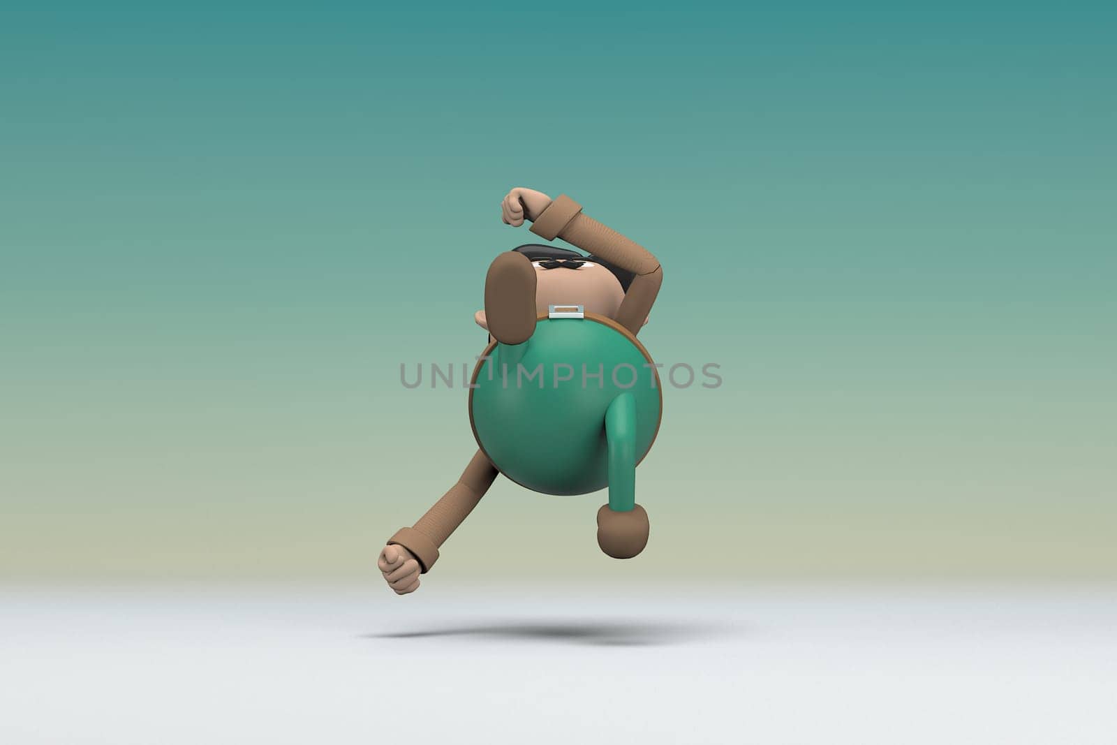 The man  with mustache wearing a brown long shirt green pants. He is falling down. 3d illustrator of cartoon character in acting.