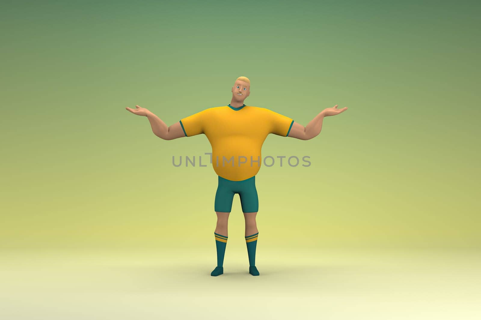 An athlete wearing a yellow shirt and green pants is expression of hand when talking. 3d rendering of cartoon character in acting.