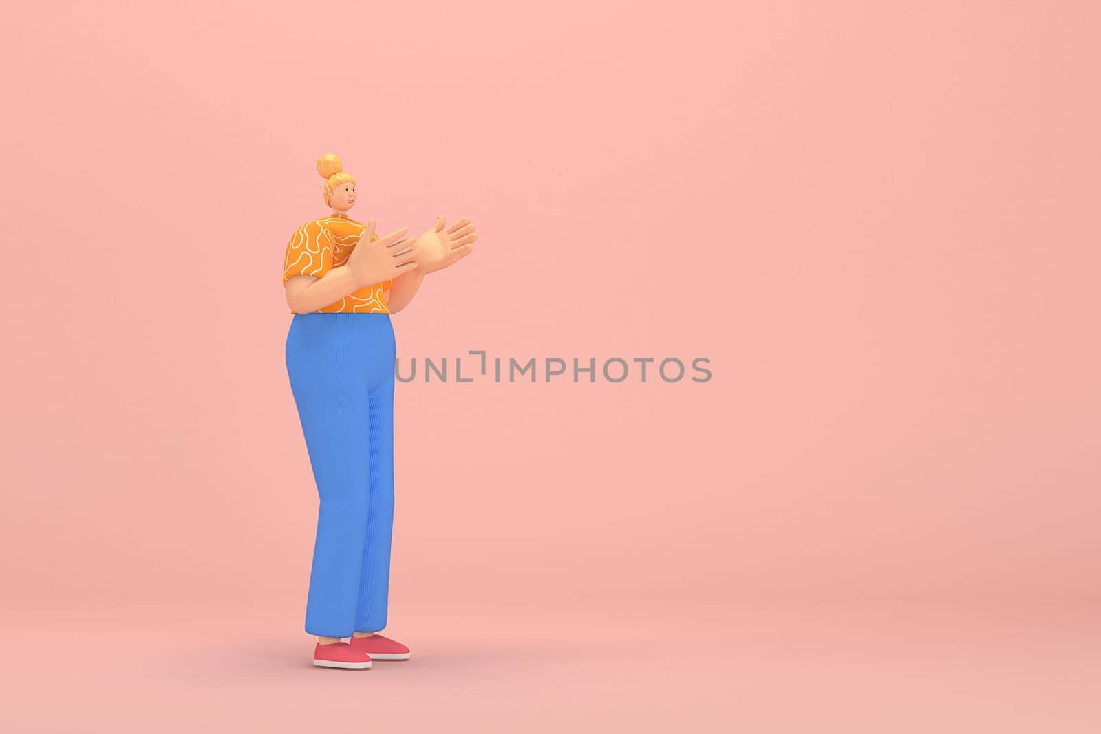 The woman with golden hair tied in a bun wearing blue corduroy pants andOrange T-shirt with white stripes.  She is expression  of hand when talking. 3d illustrator of cartoon character in acting.