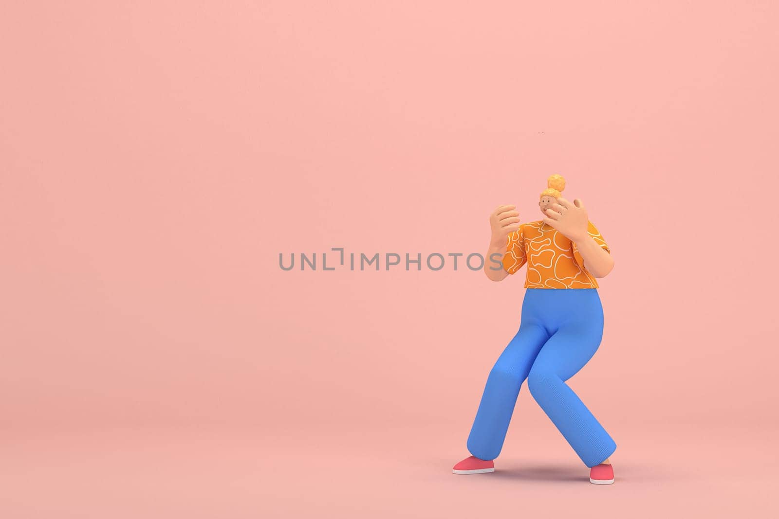 The woman with golden hair tied in a bun wearing blue corduroy pants and Orange T-shirt with white stripes.  She is expression  of hand when talking. 3d rendering of cartoon character in acting.