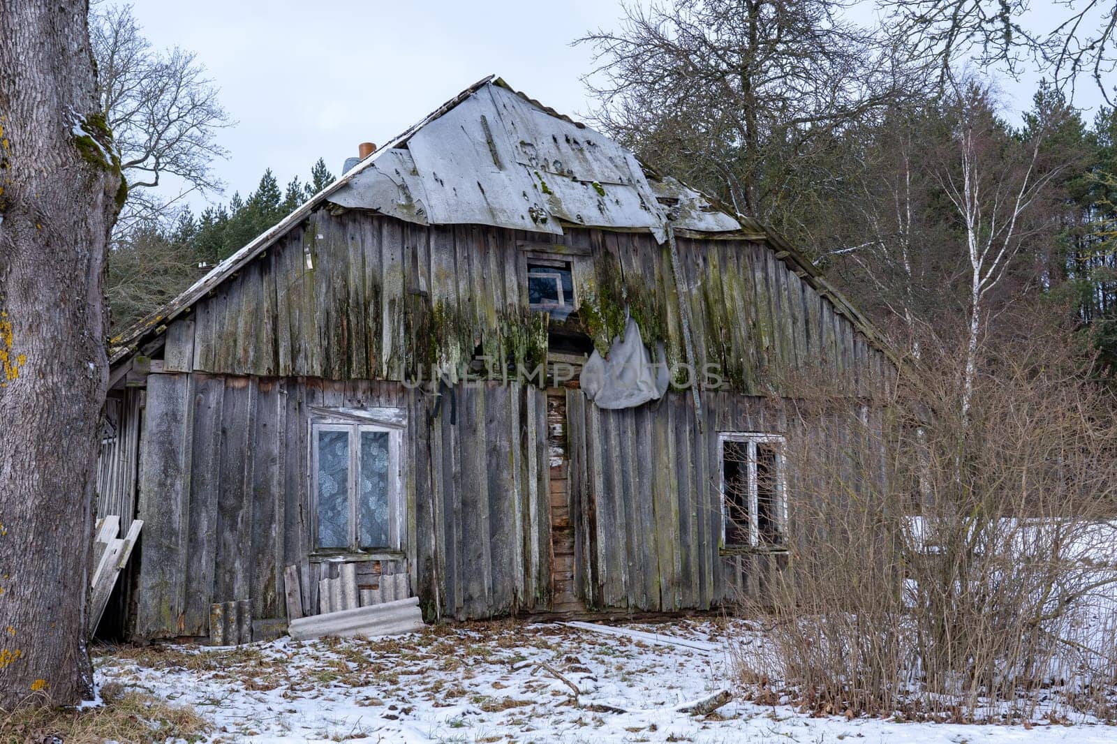 Old wooden abandoned and ruinous country house in rural