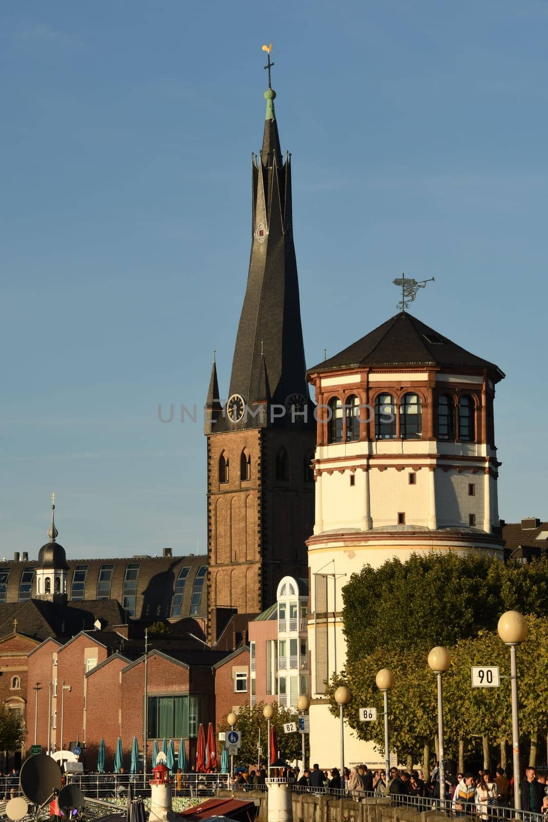 Castle tower, church tower and casemates in Duesseldorf, Germany