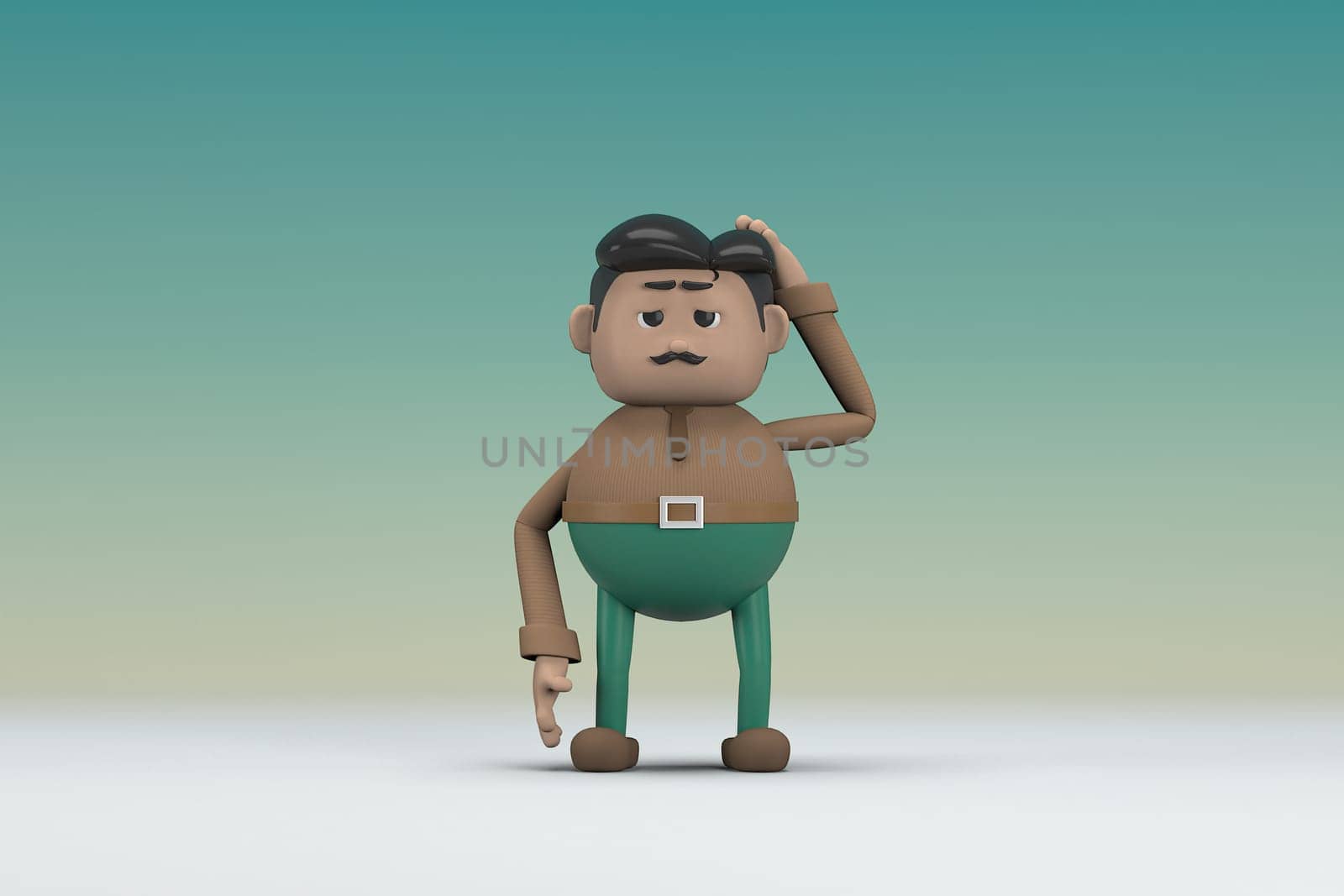 The man  with mustache wearing a brown long sleeve shirt green pants.  He is expression  of body and hand when talking.  3d illustrator of cartoon character in acting.