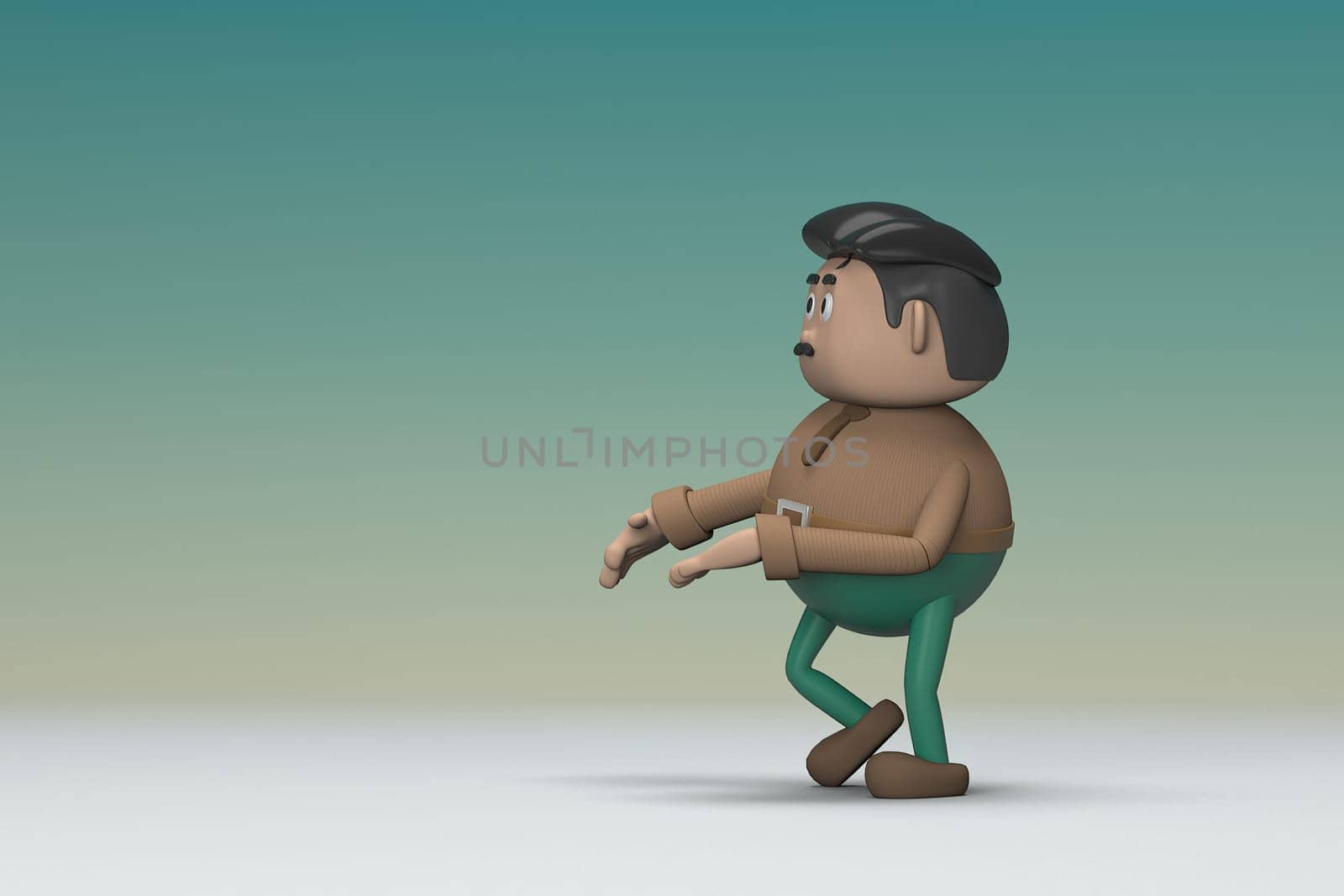 The man  with mustache wearing a brown long shirt green pants.  He is expression  of body and hand when talking.  3d illustrator of cartoon character in acting.