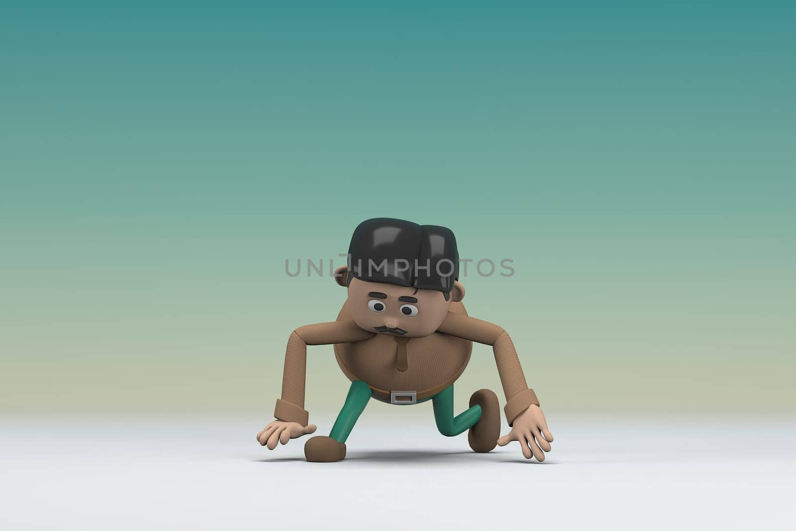 The man  with mustache wearing a brown long shirt green pants.  He is doing exercise. 3d illustrator of cartoon character in acting.