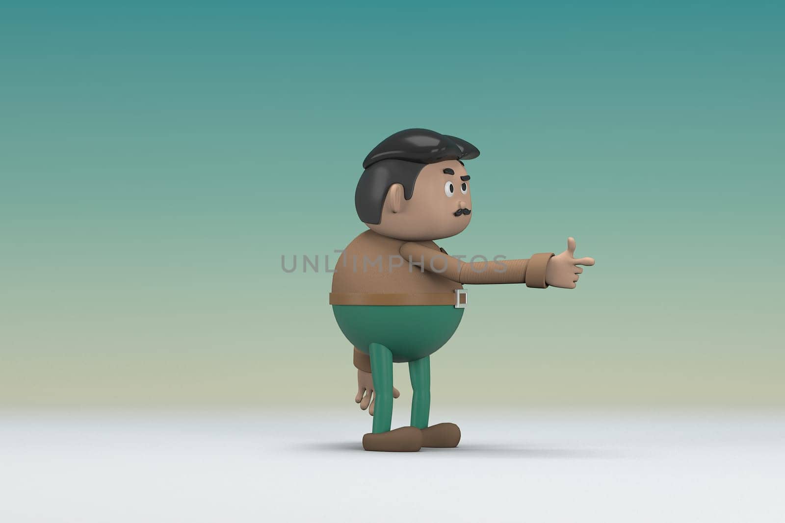 The man  with mustache wearing a brown long shirt green pants.  He is expression  of body and hand when talking.  3d illustrator of cartoon character in acting.