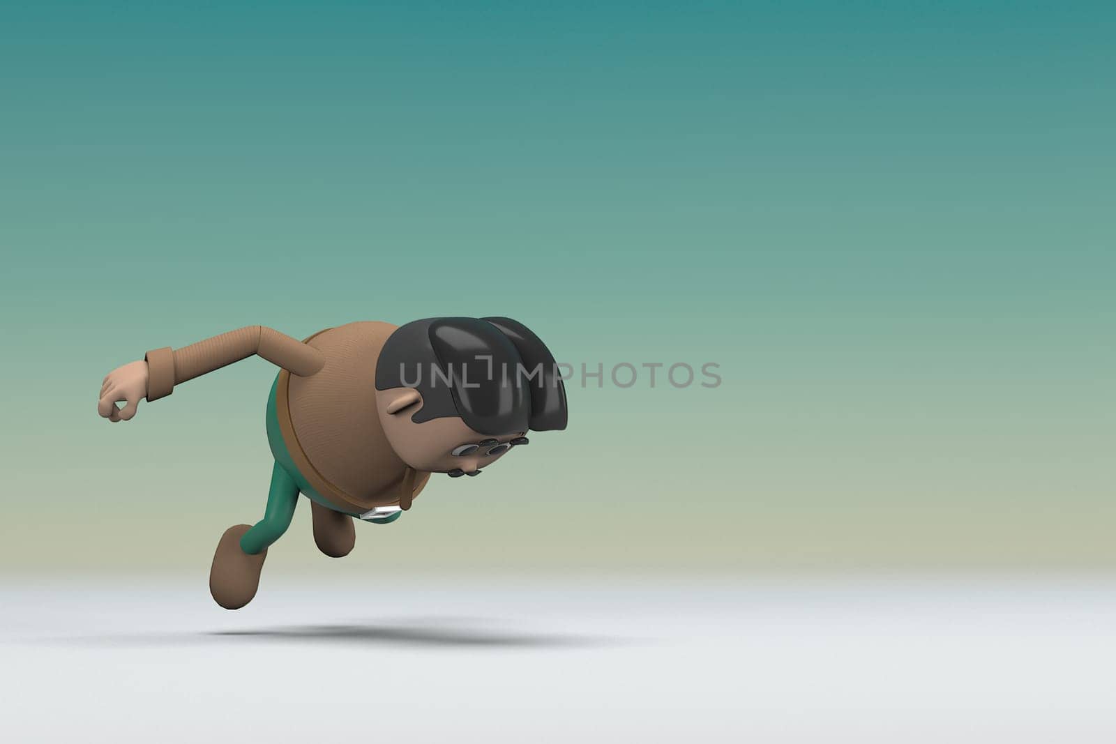 The man  with mustache wearing a brown long shirt green pants. He is falling down. 3d illustrator of cartoon character in acting.