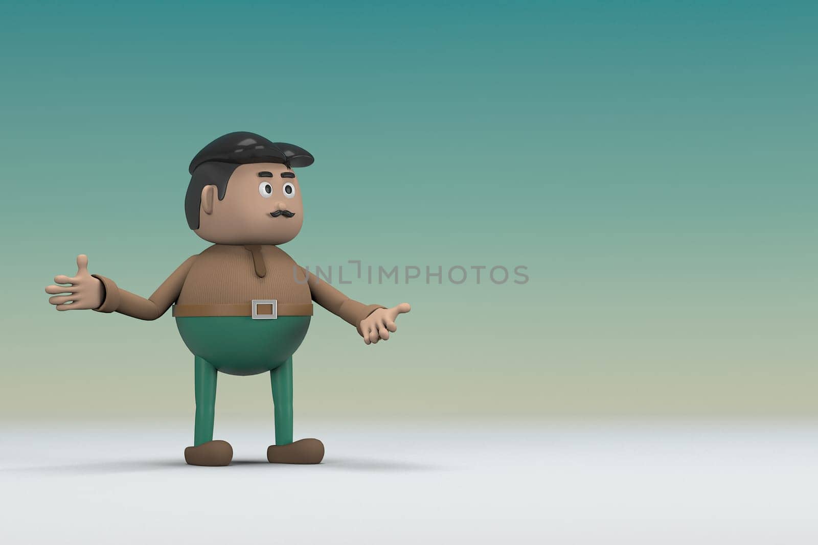 The man  with mustache wearing a brown long shirt green pants.  He is expression  of body and hand when talking.  3d illustrator of cartoon character in acting.
