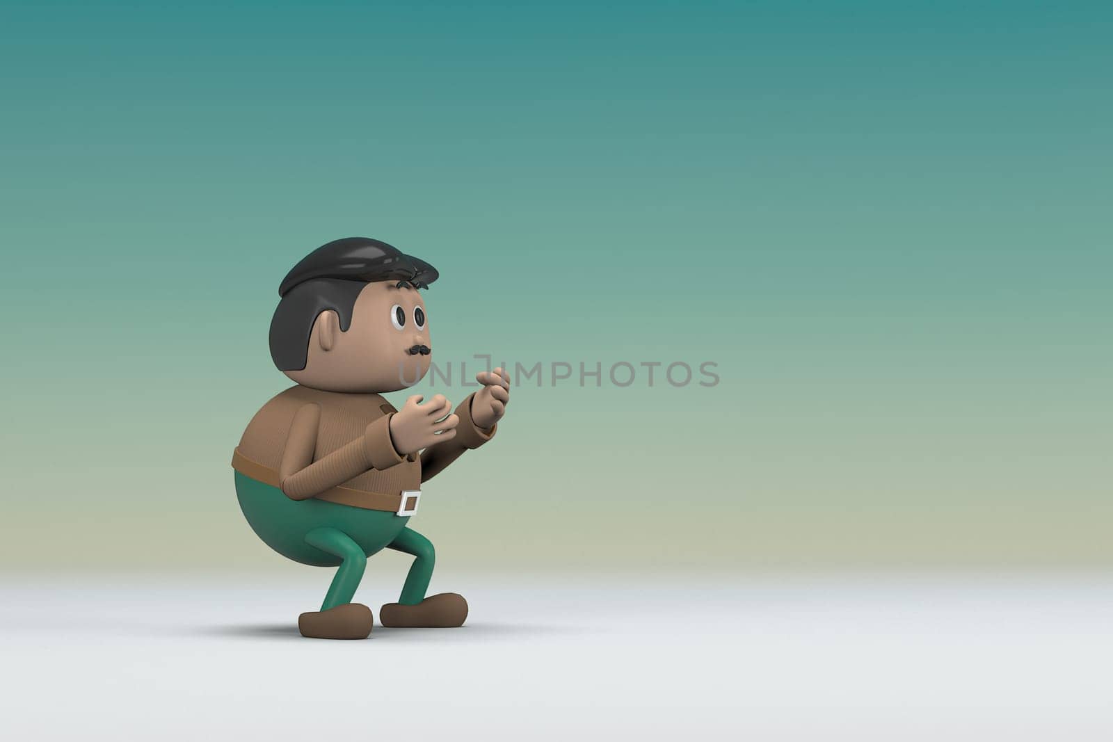 The man  with mustache wearing a brown long shirt green pants.  He is expression  of body and hand when talking.  3d illustrator of cartoon character in acting.