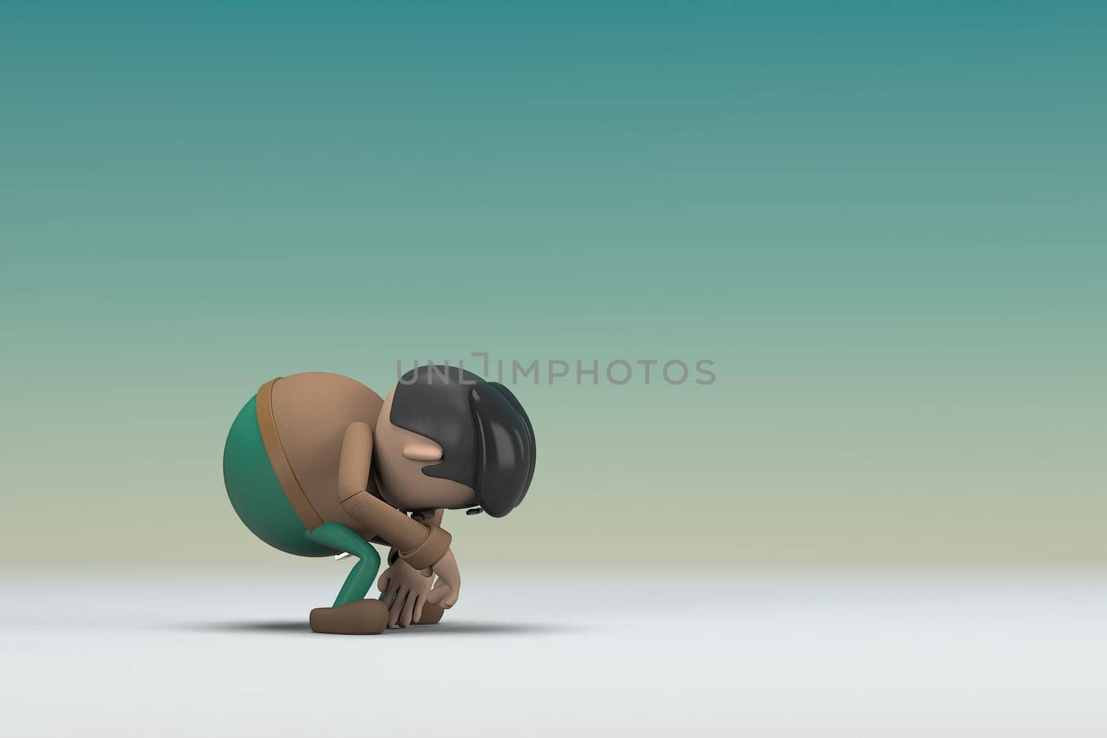 The man  with mustache wearing a brown long sleeve shirt green pants.  He is sad or in pain. 3d illustrator of cartoon character in acting.