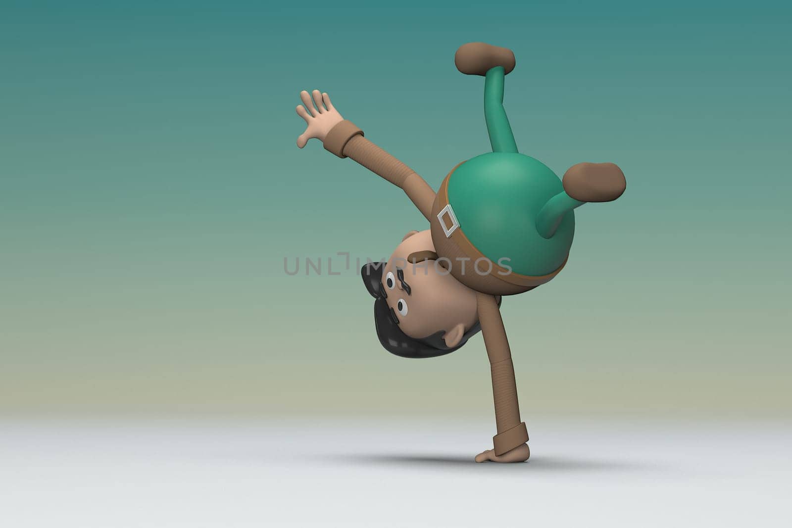 The man  with mustache wearing a brown long sleeve shirt green pants.  He is doing exercise. 3d illustrator of cartoon character in acting.