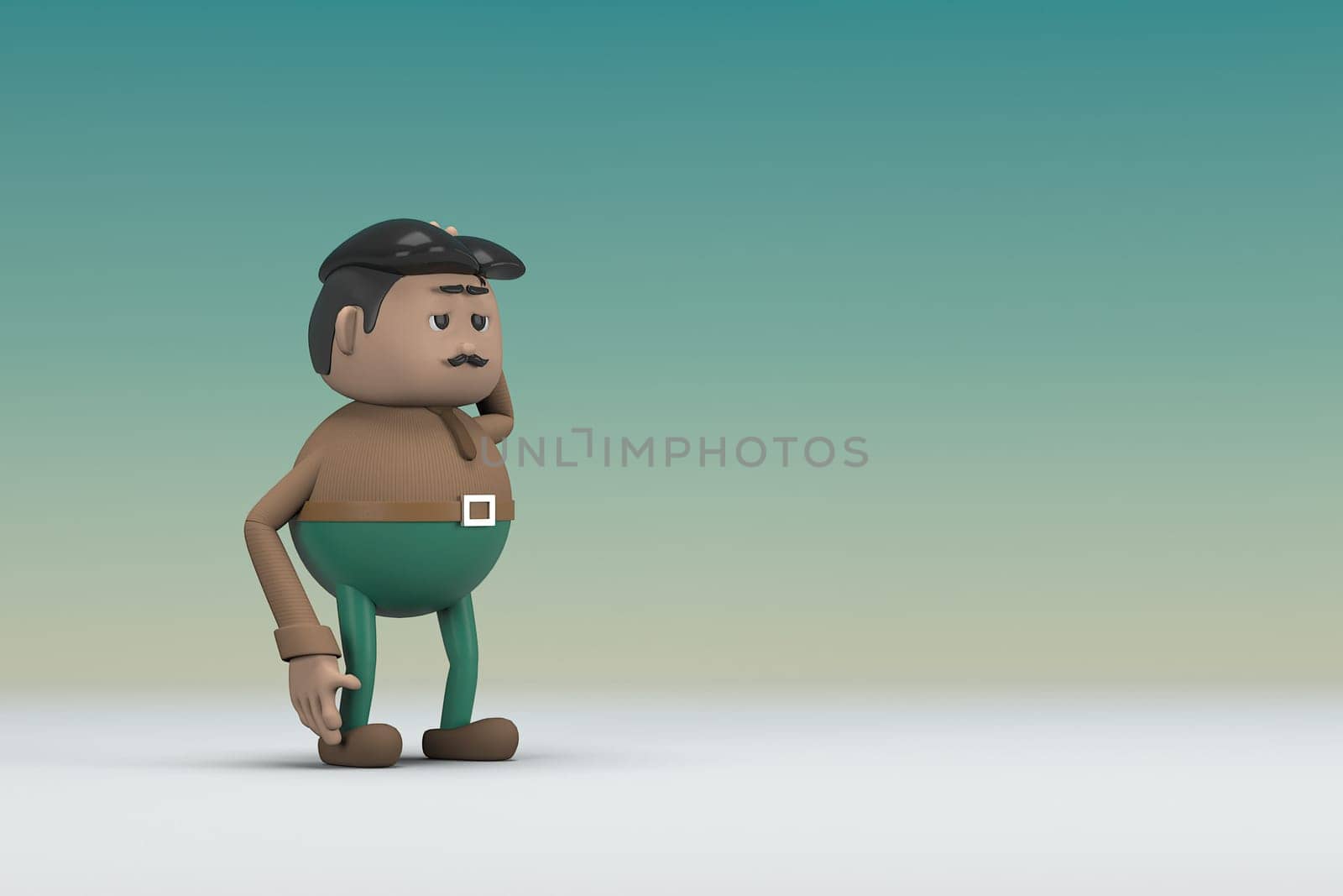 The man  with mustache wearing a brown long sleeve shirt green pants.  He is expression  of body and hand when talking.  3d illustrator of cartoon character in acting.