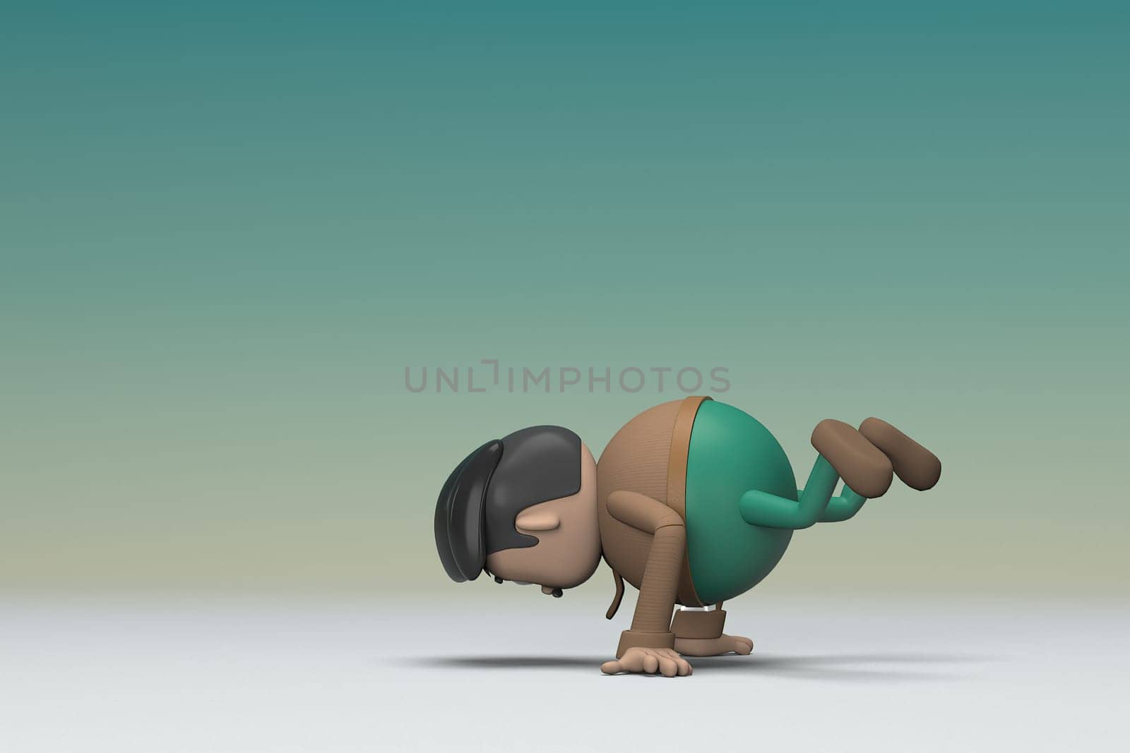 The man  with mustache wearing a brown long sleeve shirt green pants.  He is doing exercise. 3d illustrator of cartoon character in acting.