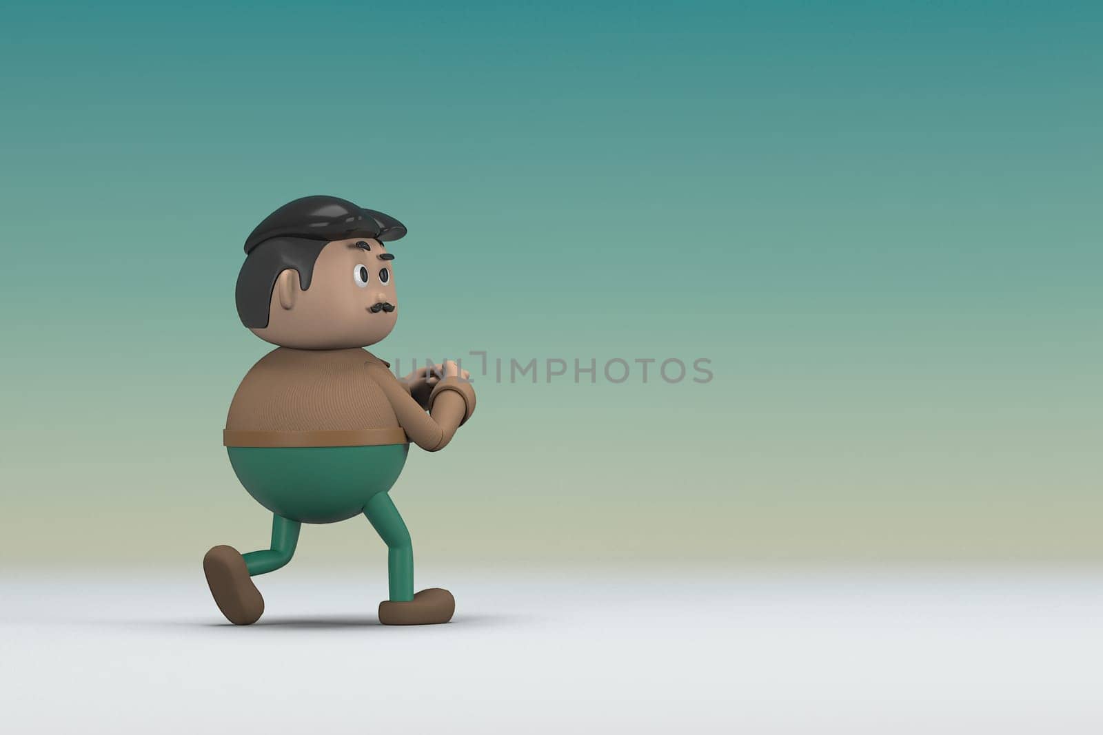 The man  with mustache wearing a brown long sleeve shirt green pants.  He is pulling or pushing something. 3d illustrator of cartoon character in acting.