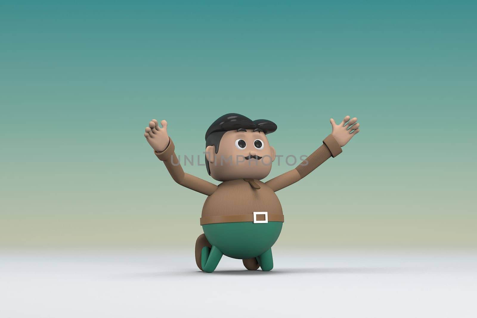 The man  with mustache wearing a brown long shirt green pants.  He is kneel rejoicing.  3d illustrator of cartoon character in acting.