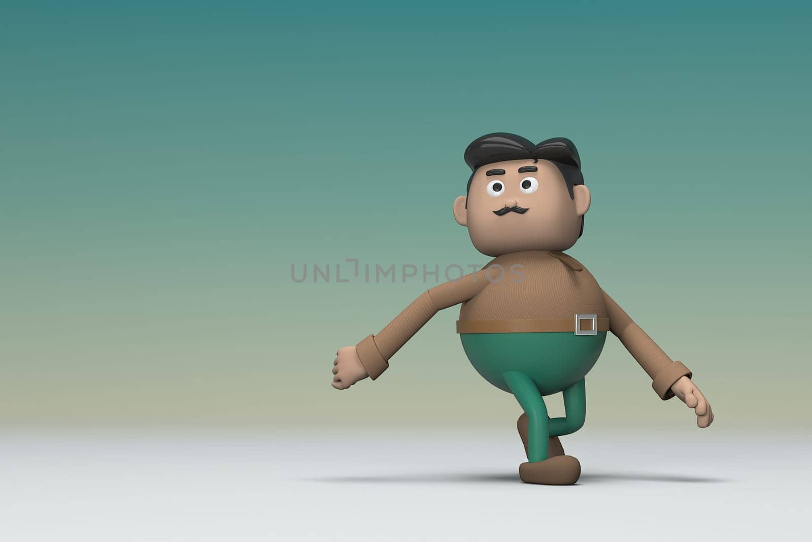 The man  with mustache wearing a brown long shirt green pants.  He is pulling or pushing something. 3d illustrator of cartoon character in acting.