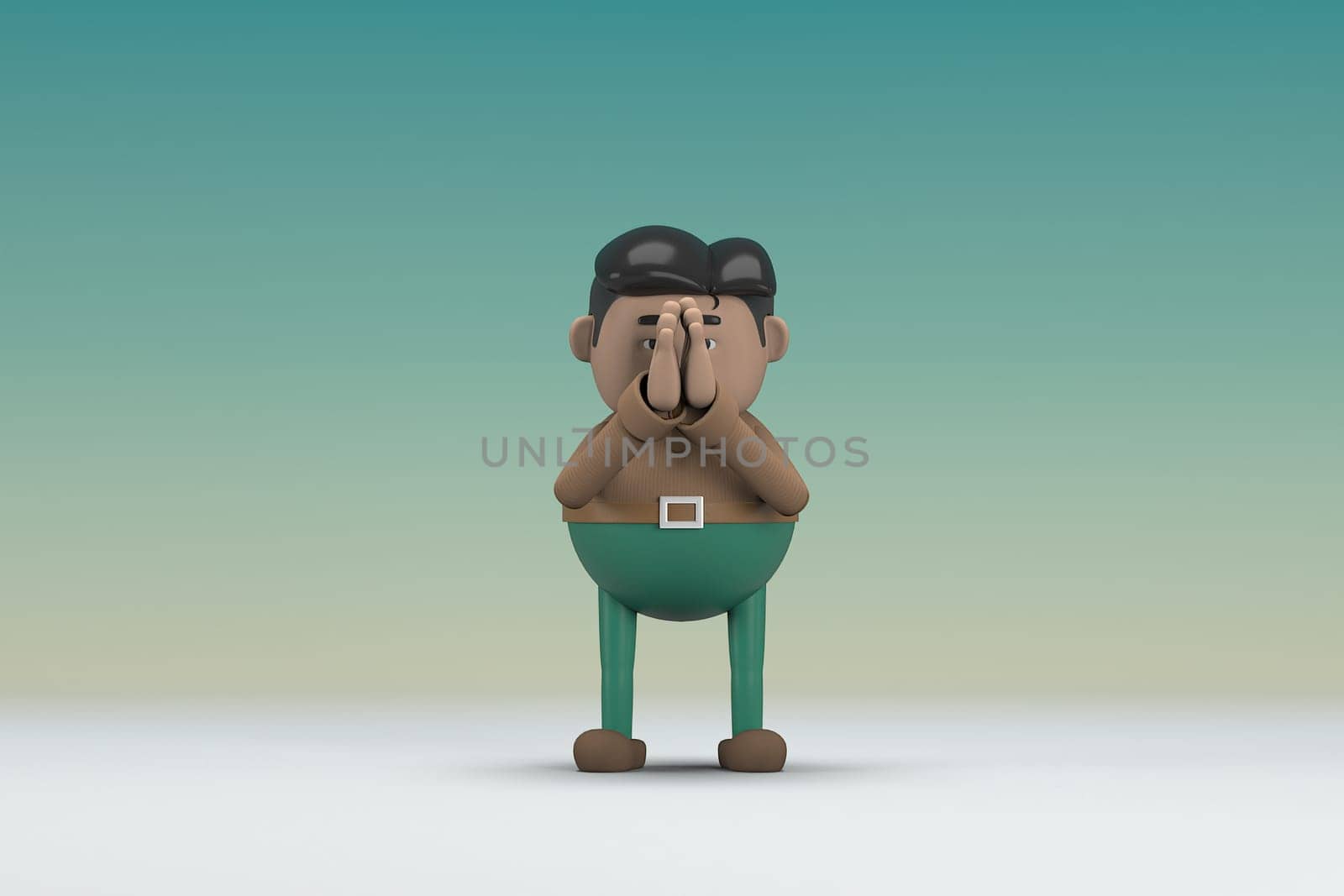 The man  with mustache wearing a brown long shirt green pants.  He is expression  of body and hand when talking.  3d illustrator of cartoon character in acting.