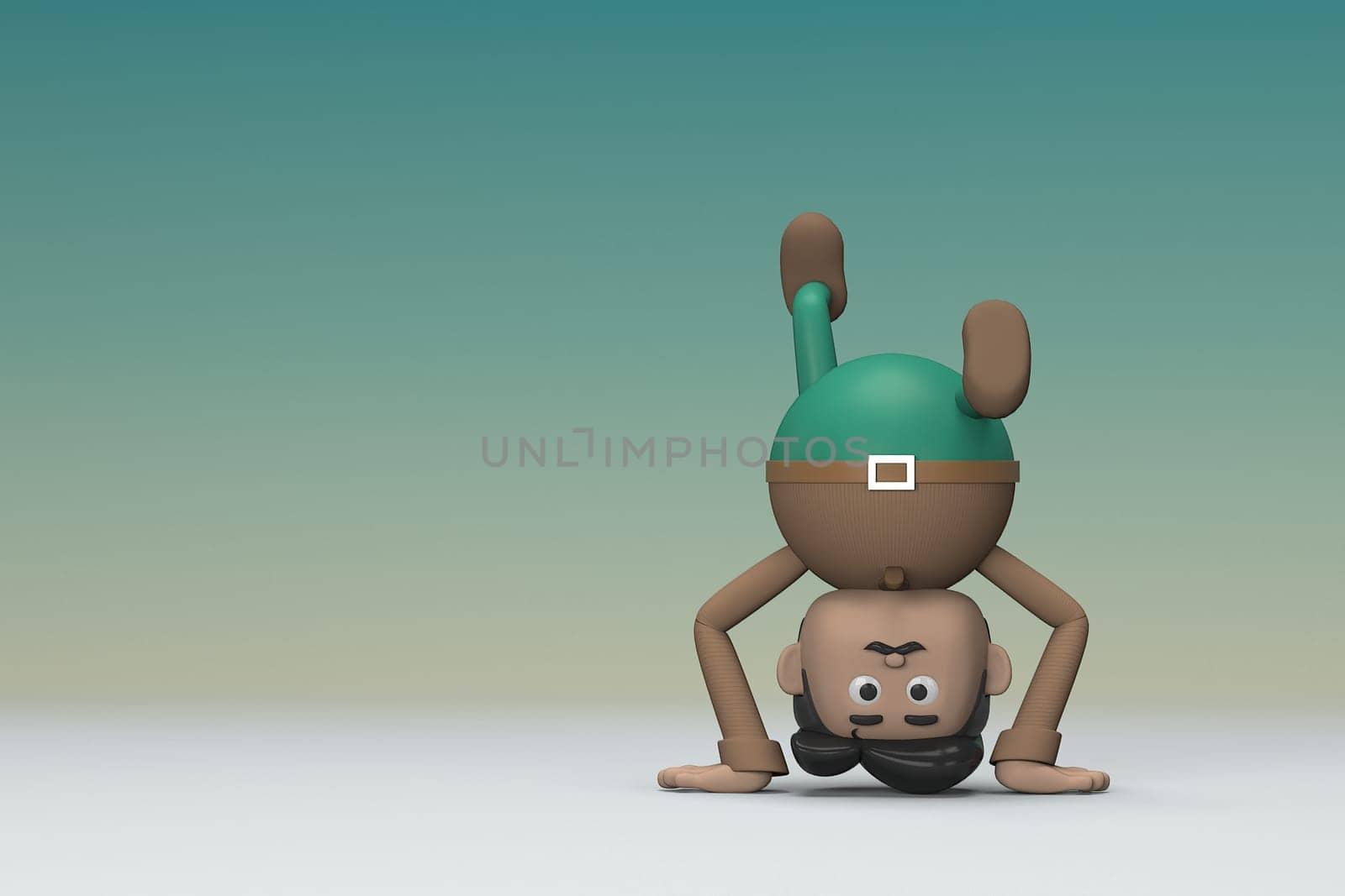 The man  with mustache wearing a brown long sleeve shirt green pants.  He is doing exercise. 3d illustrator of cartoon character in acting.