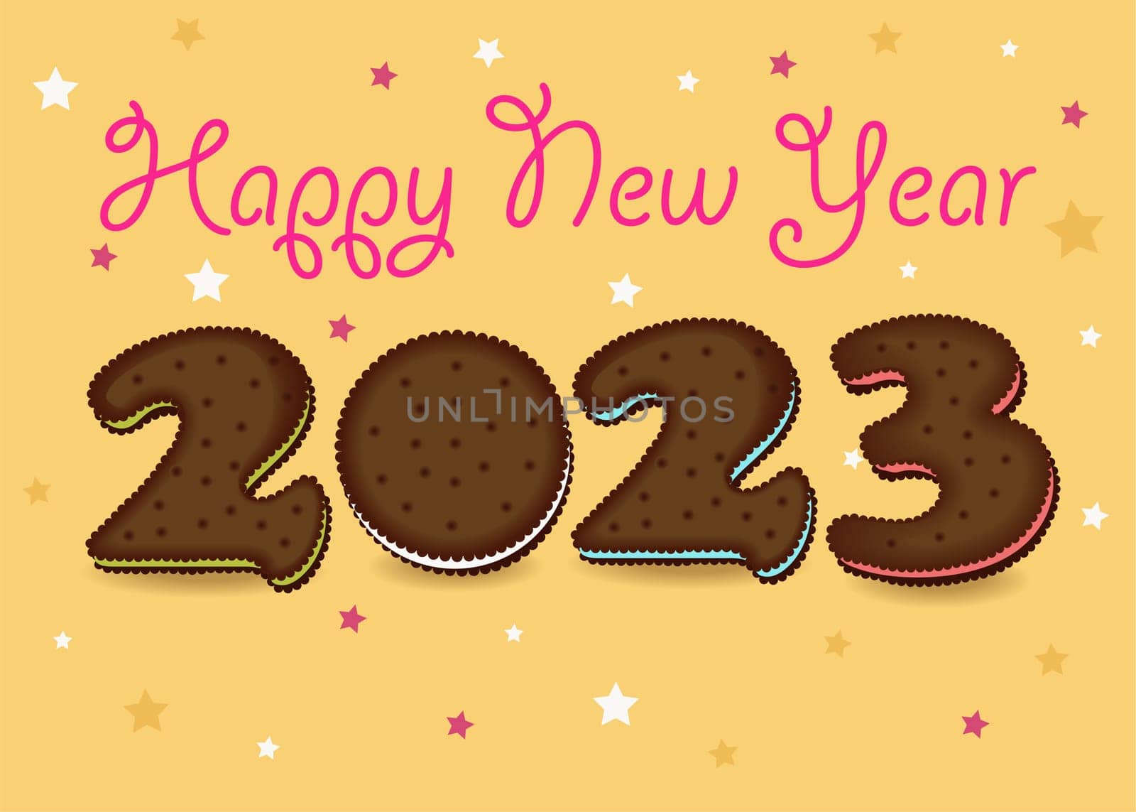 Cookies 2023. Artistic brown number as chocolate cookies with colorful cream. Yellow background with confetti. Pink cream greeting text -  Happy New Year
