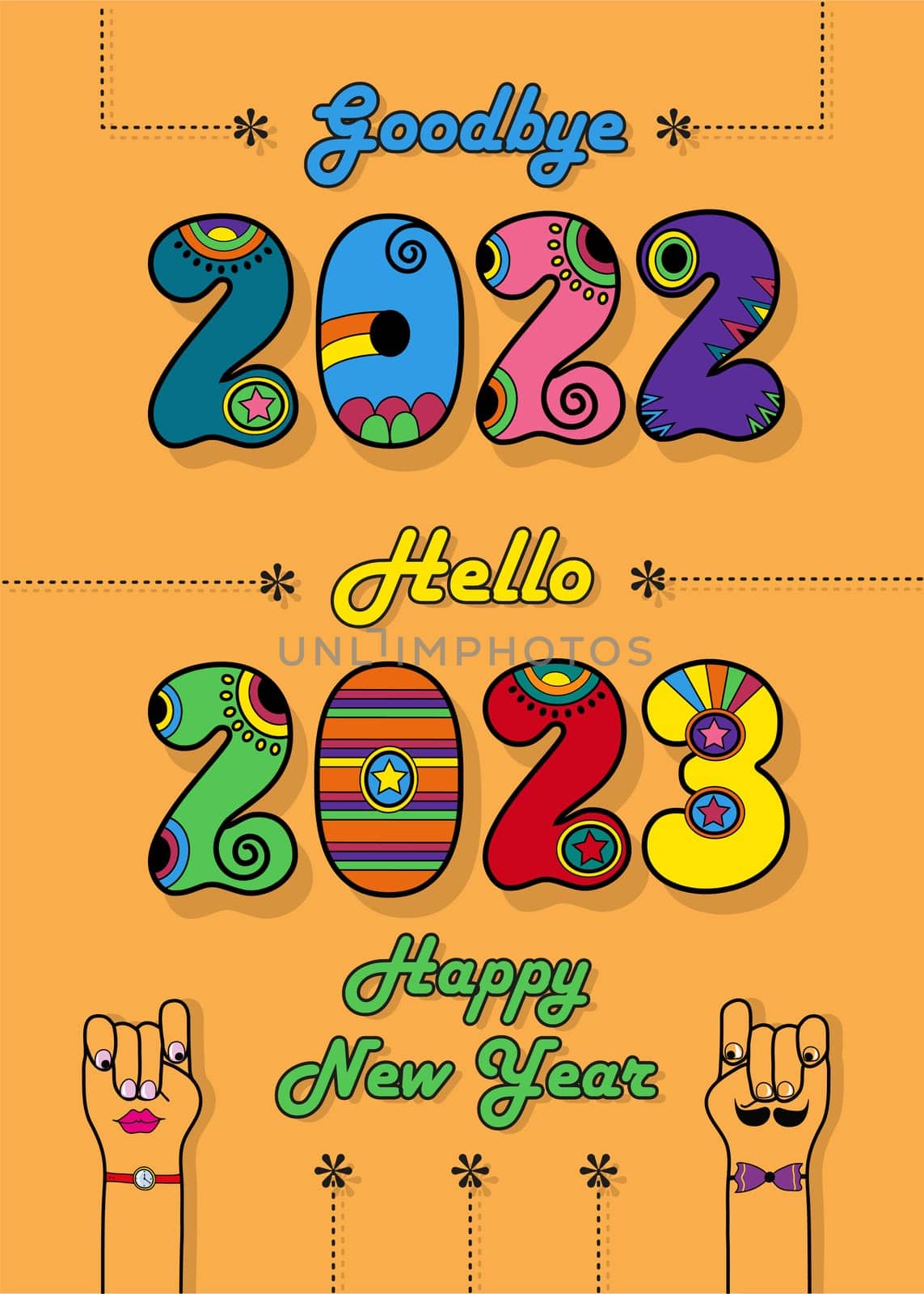 Retro 70's greeting card. Goodbye 2022. Hello 2023. Happy New Year. Disco colorful numbers with bright decor. Cartoon male and female hands looking at each other. Orange background.