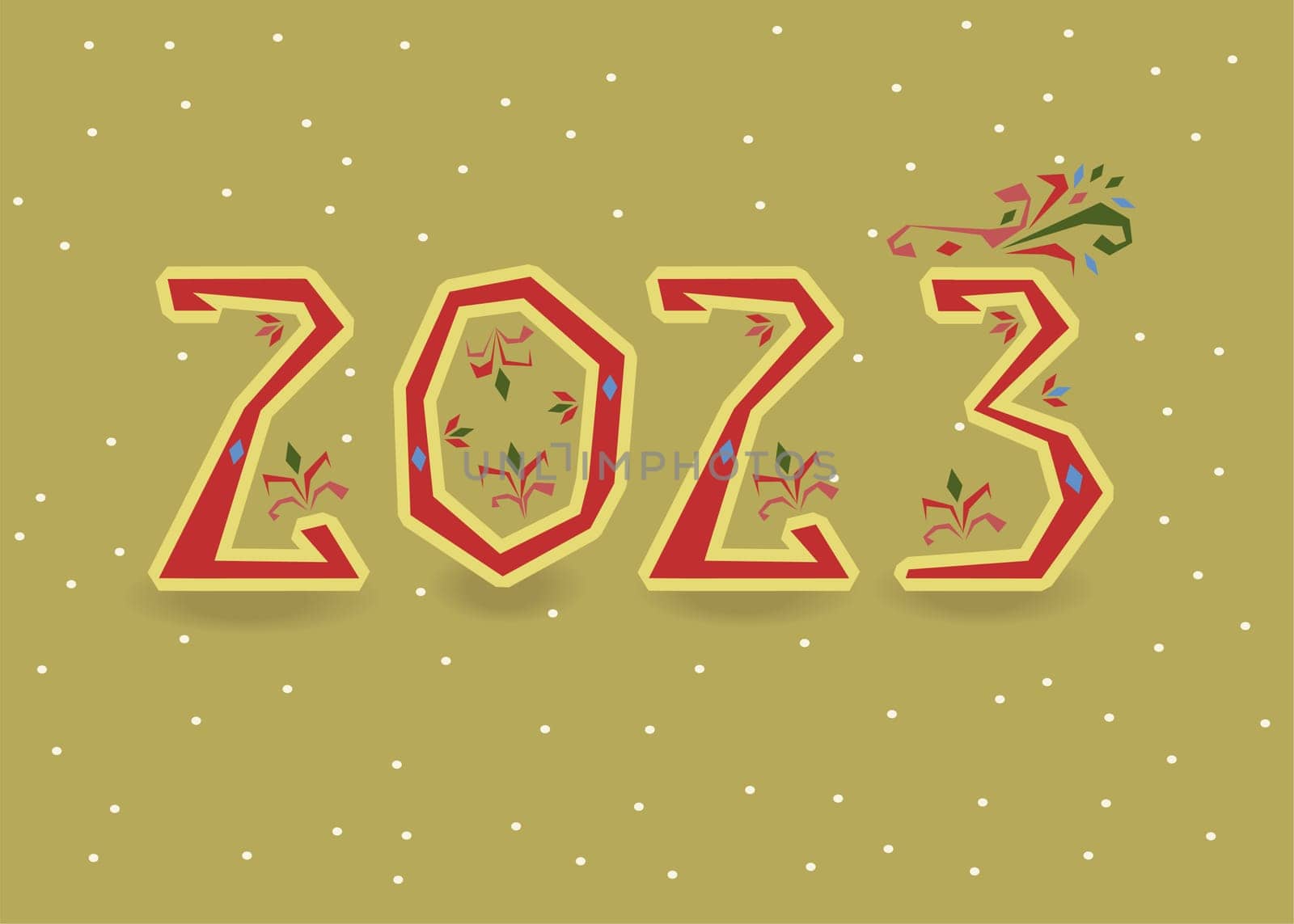 Number 2023. Red symbols with folk floral decor. Yellow-green background with snowfall. New year's greeting card