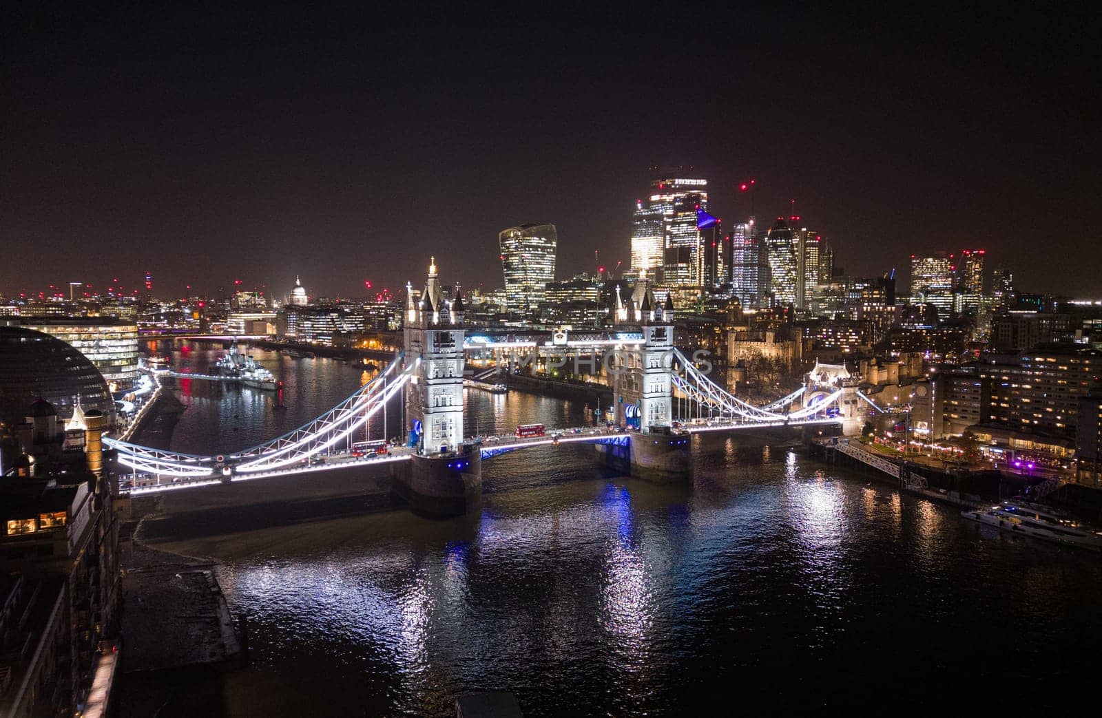 London Tower Bridge and City of London by night - amazing aerial view - travel photography