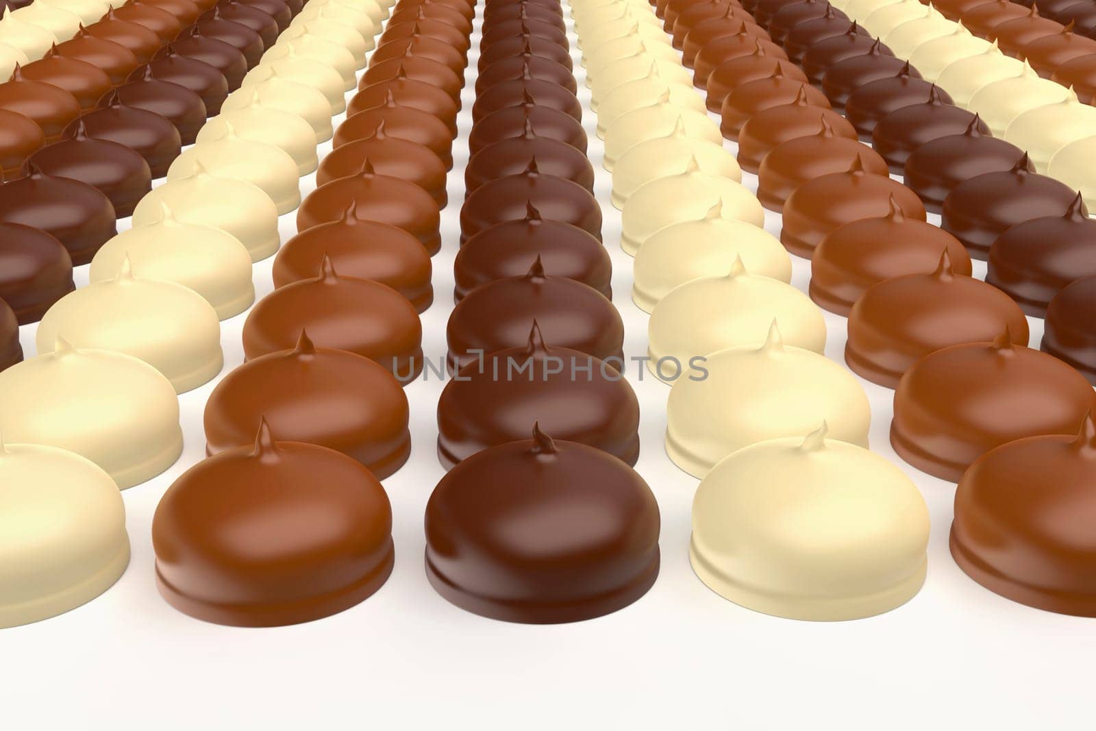 Many rows with different chocolate coated marshmallows