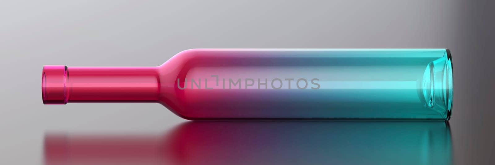 Empty colorful glass bottle on shiny dark background. This bottle can be used for water or alcoholic beverages.