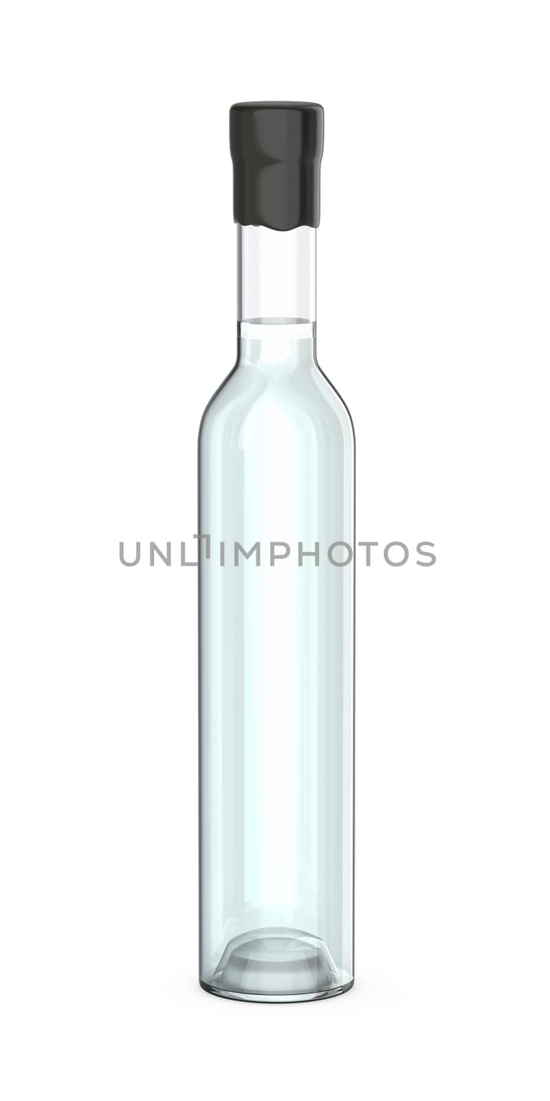 Tall glass bottle with transparent liquid inside and sealed with wax. This bottle can be used for vodka, gin or other alcoholic beverages.