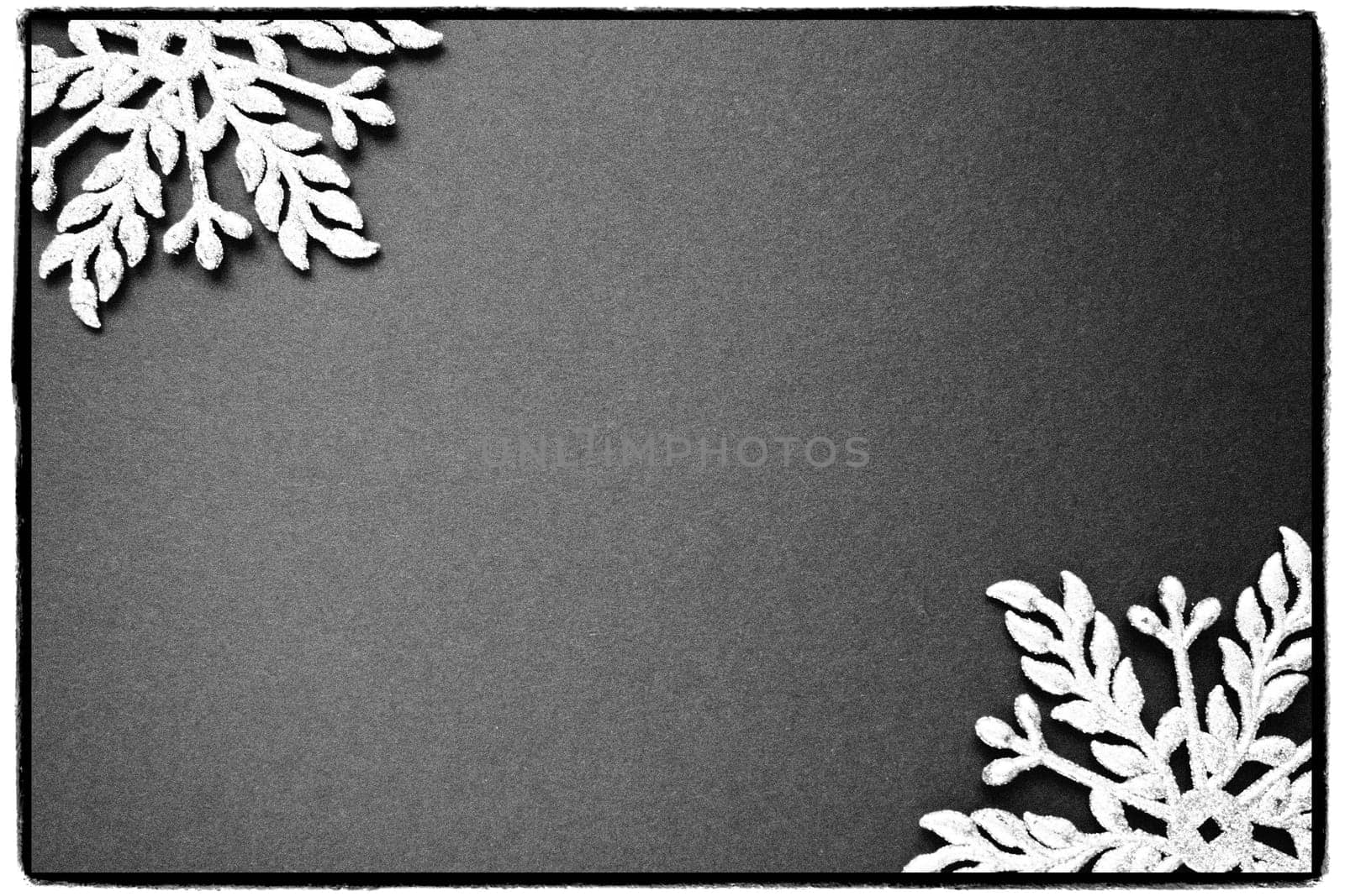 Christmas background with snowflakes. On a black-and-white background two silver-white snowflakes with sparkles are laid out. Happy New Year. Merry Christmas frame. Postcard or invitation. Copy space